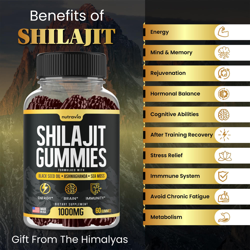 Nutravia Shilajit Gummies closeup reveals rich minerals and natural sweetness
