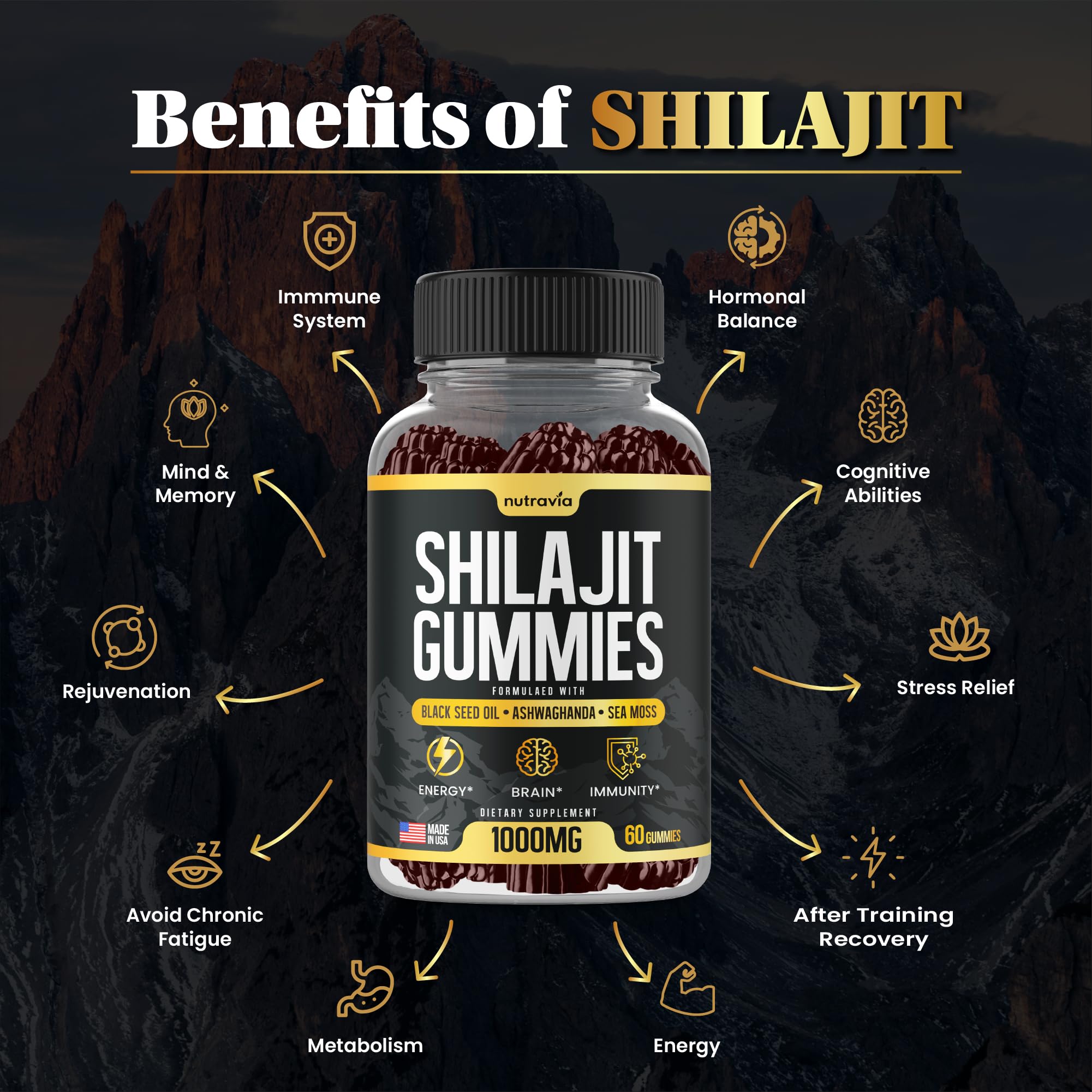 Nutravia Shilajit Gummies sea moss inset highlights triple-ingredient blend