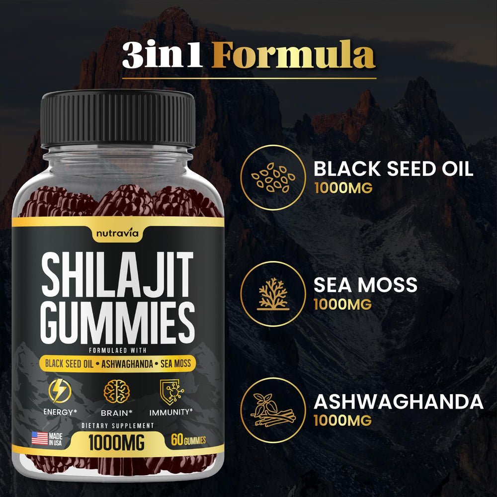 Nutravia Shilajit Gummies USA-made badge emphasizes quality