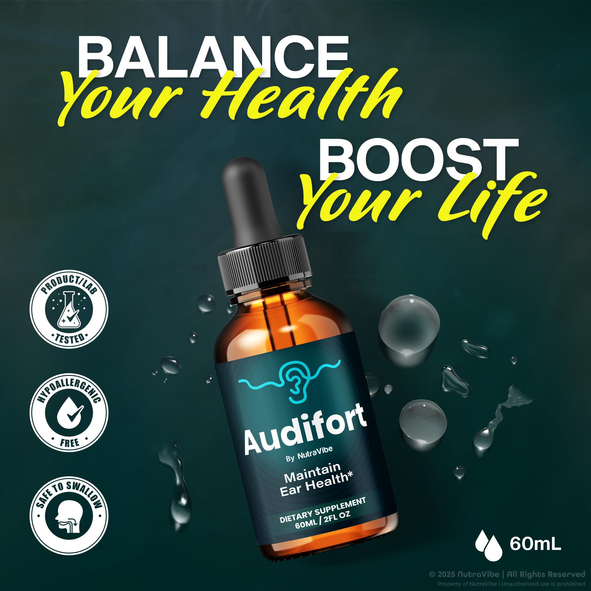 NutraVibe Audifort liquid formula close-up highlighting clean formulation.