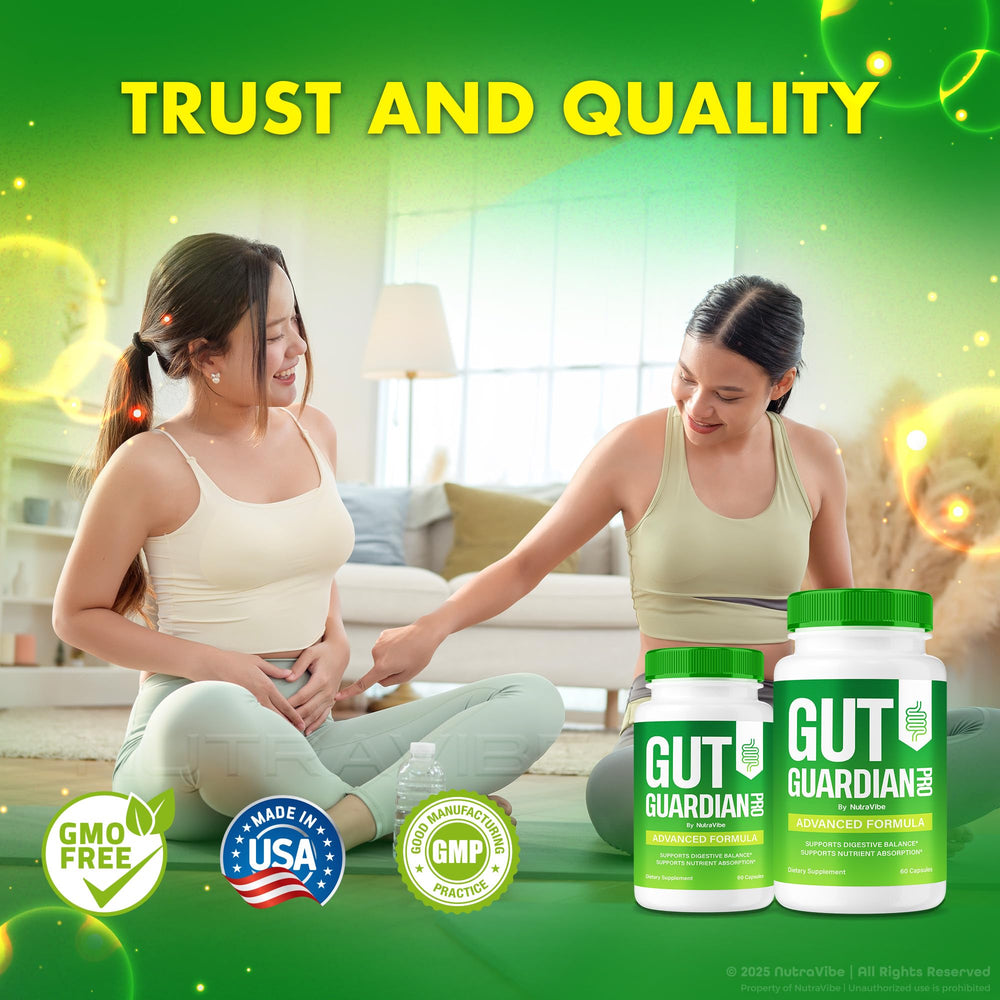 NutraVibe Gut Guardian Pro bottle with spoon suggesting dosage routine