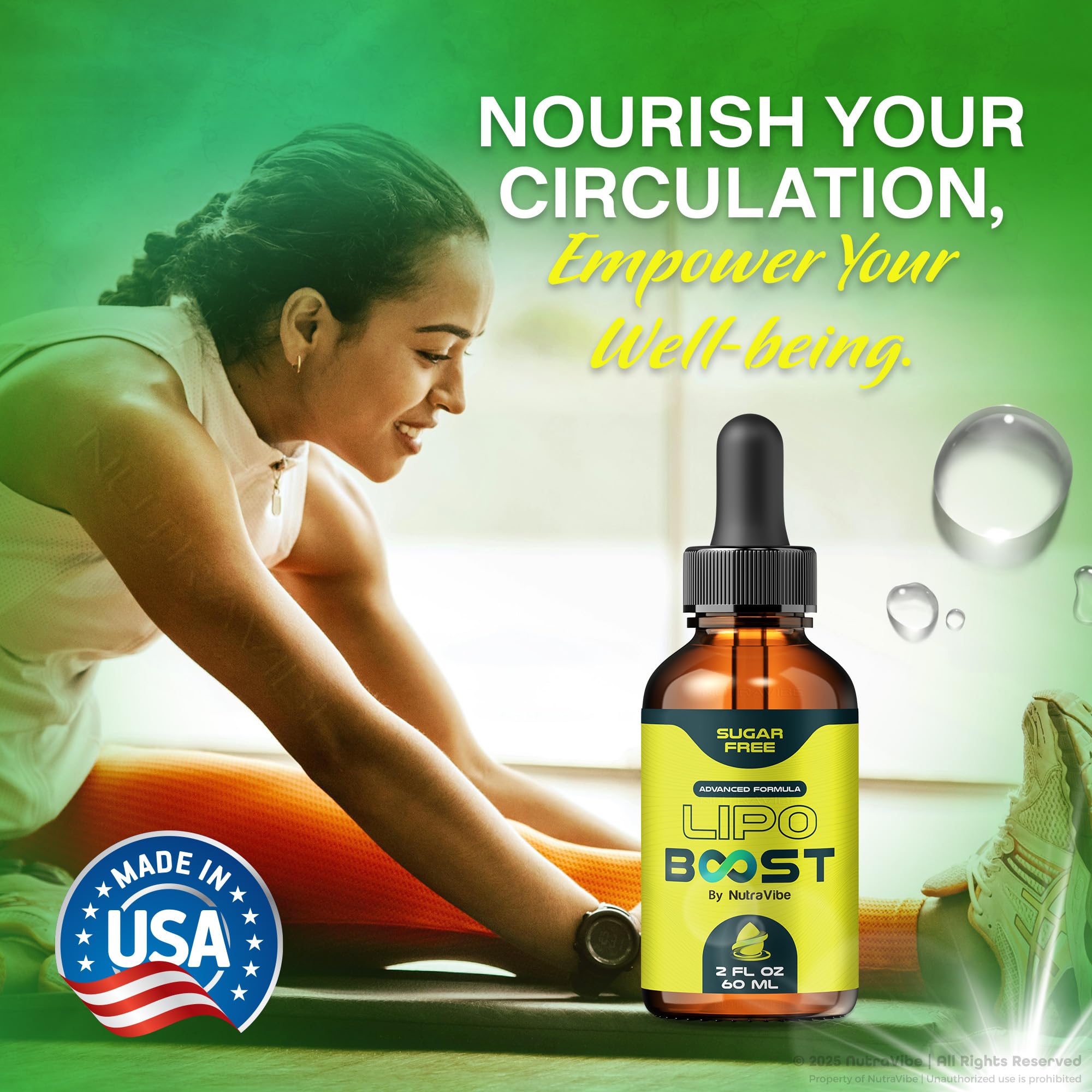 NutraVibe Lipo Boost liquid drops added to beverage for fast daily balance.