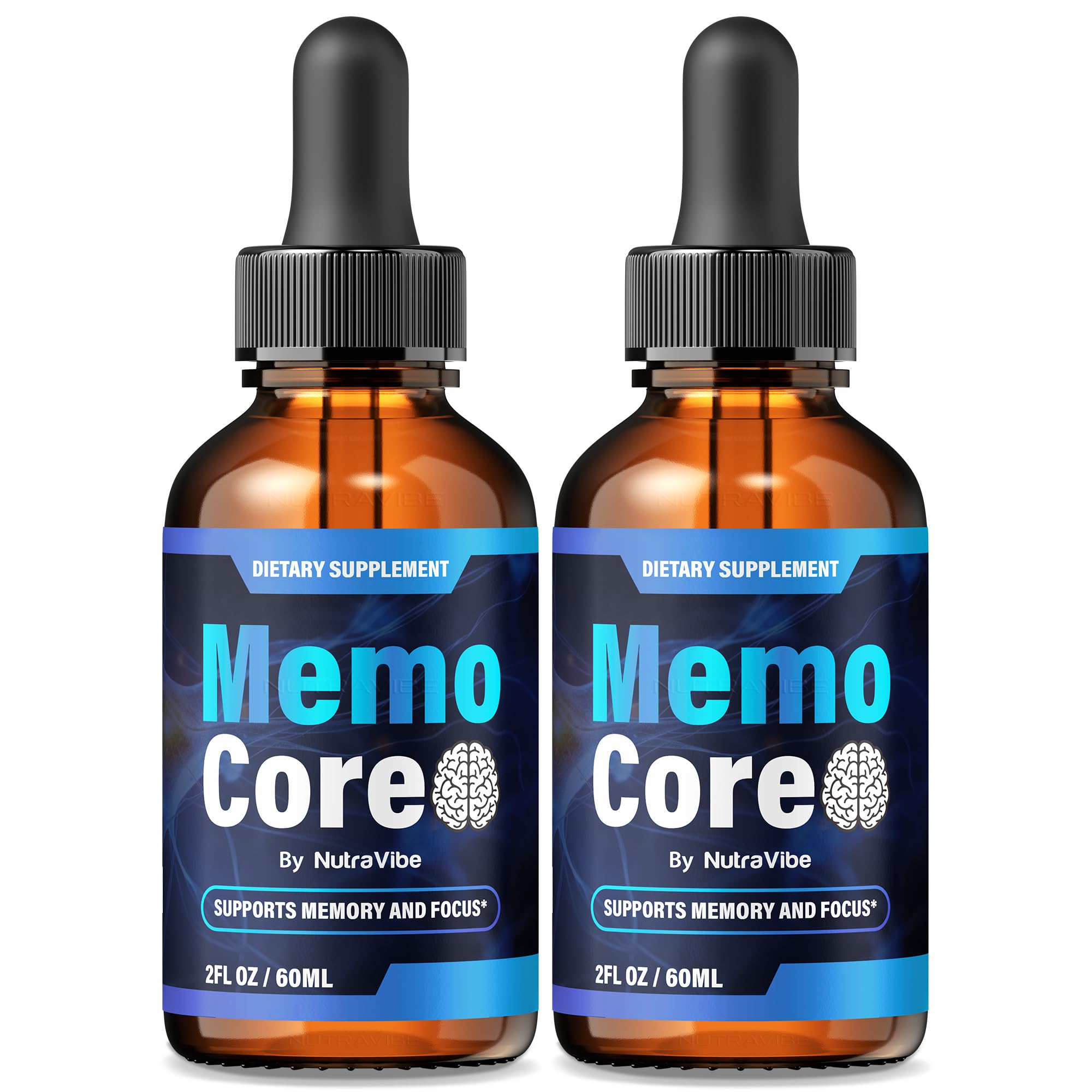 NutraVibe Memo Core drops bottle front with easy dosing for daily memory support