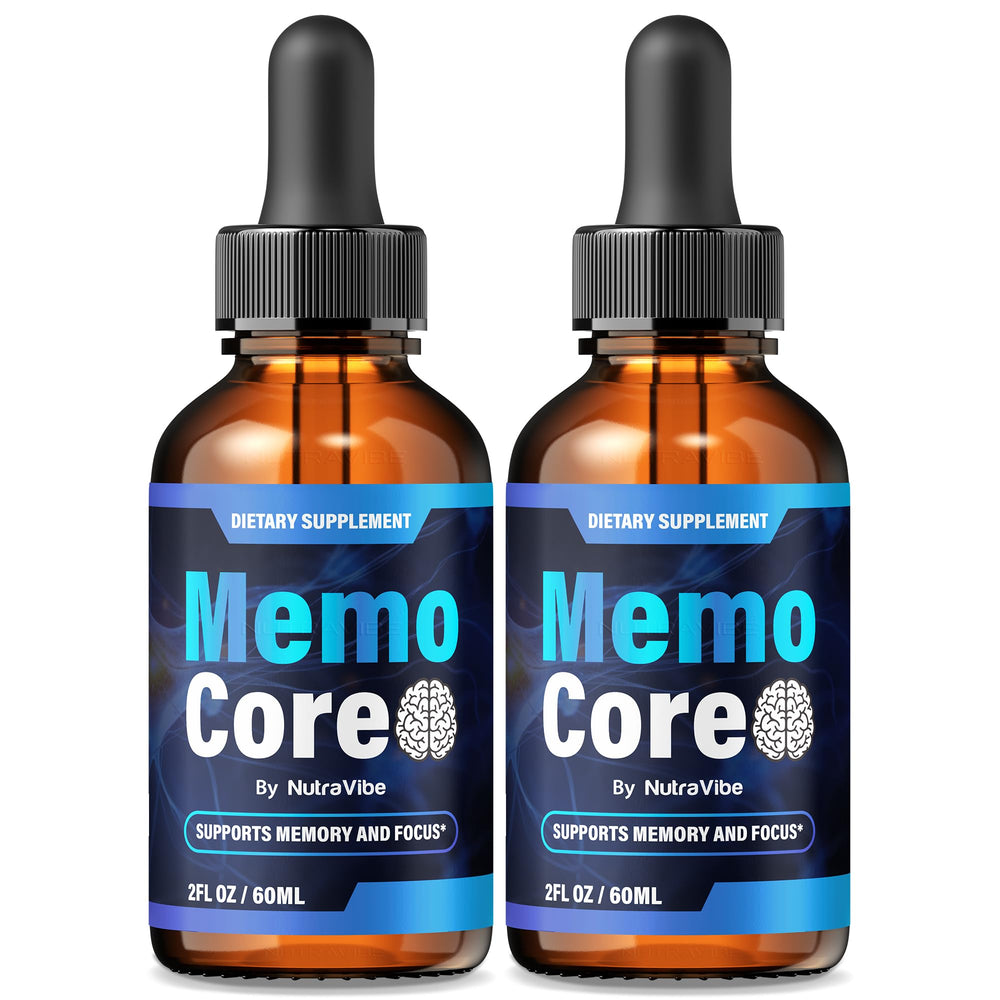NutraVibe Memo Core drops bottle front with easy dosing for daily memory support