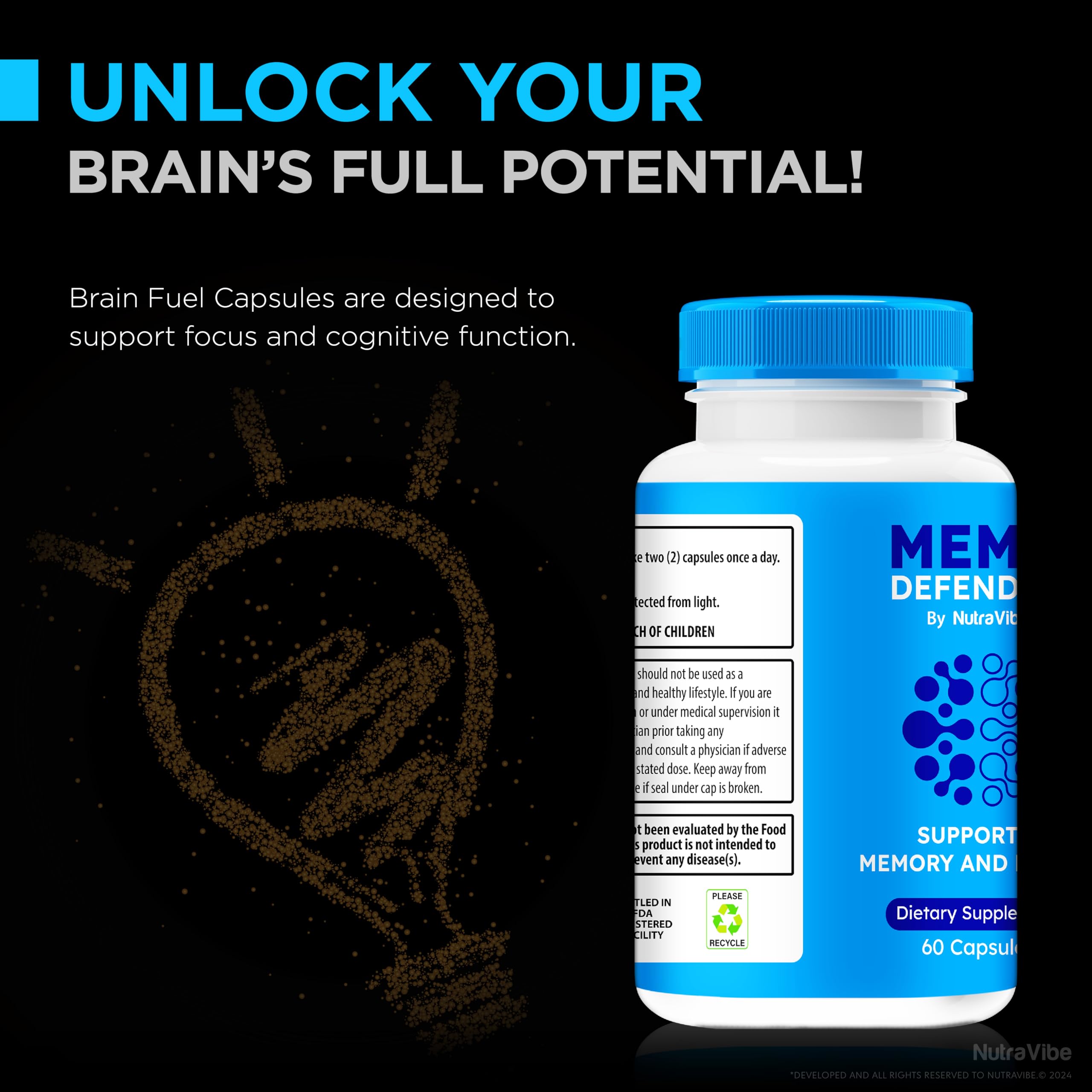 NutraVibe Memo Defender ingredients list visual implying balanced daily support.