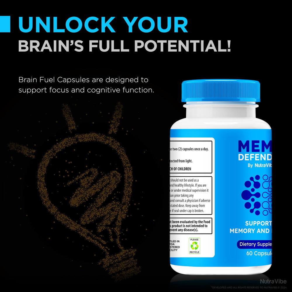 NutraVibe Memo Defender ingredients list visual implying balanced daily support.