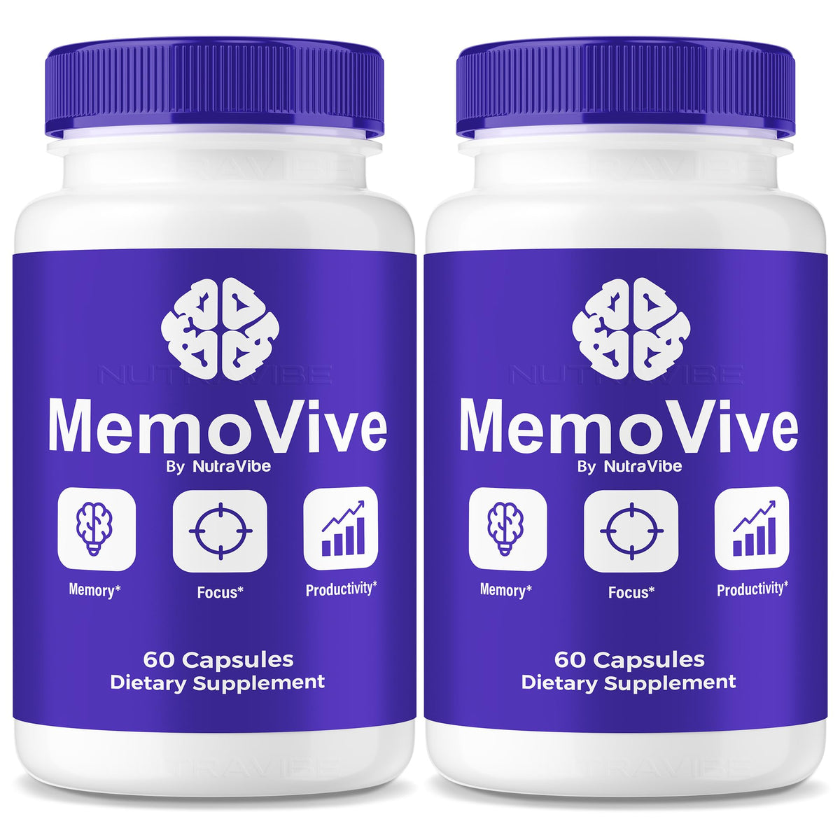 NutraVibe MemoVive bottle front view, daily brain support for focus and clarity.