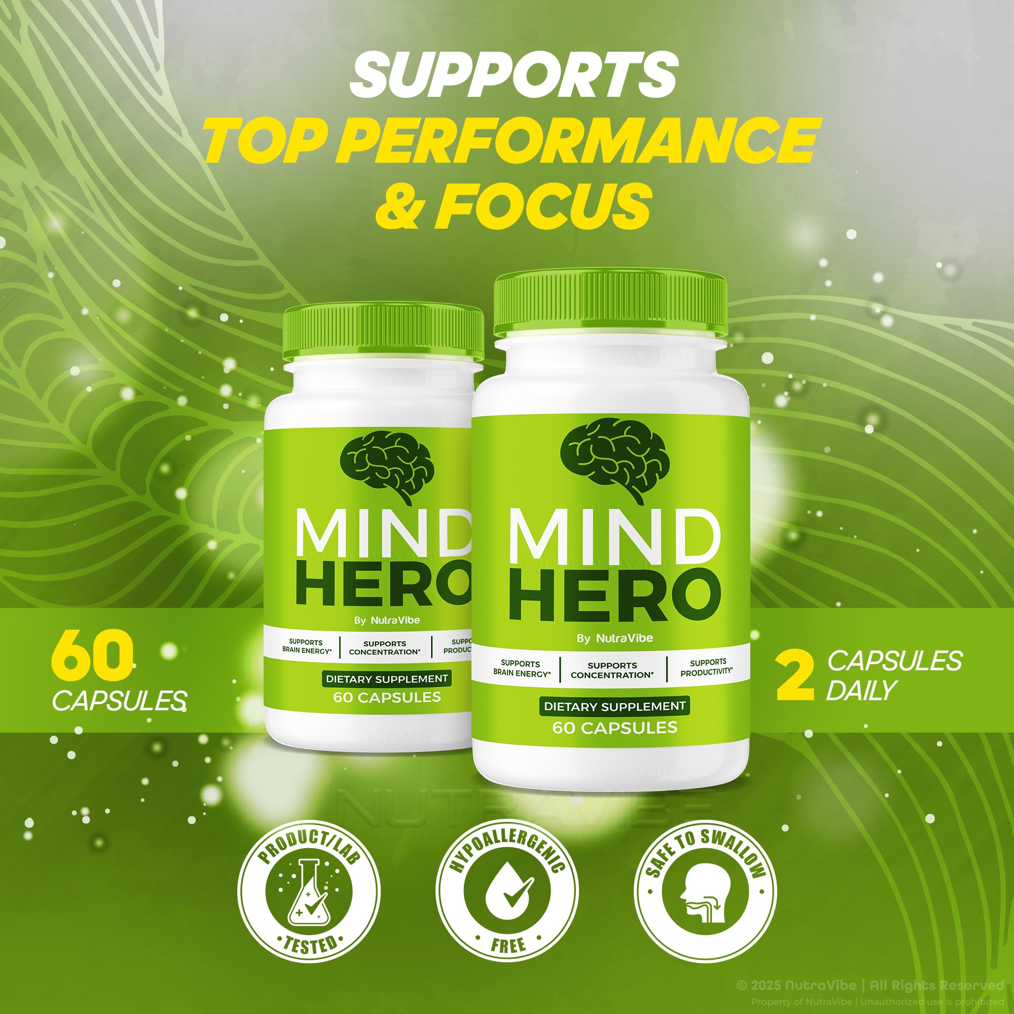 Closeup of NutraVibe Mind Hero bottle with natural ingredients vibe.