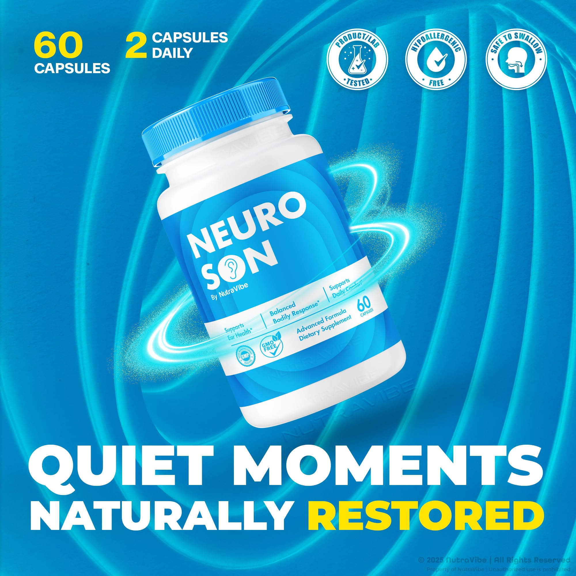 NutraVibe NeuroSon packaging emphasizes clean, natural ingredients for ear comfort.