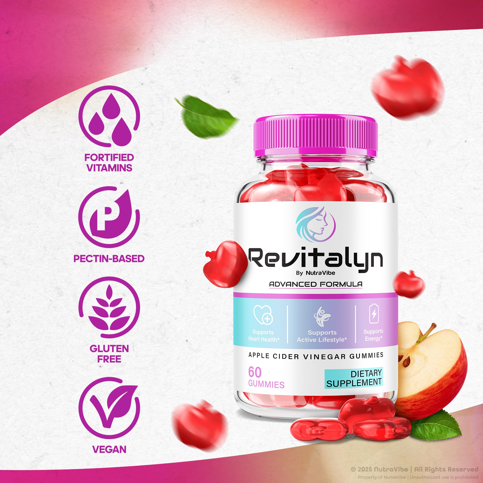 NutraVibe Revitalyn Gummies apple cider vinegar badge signals flavor-forward wellness.