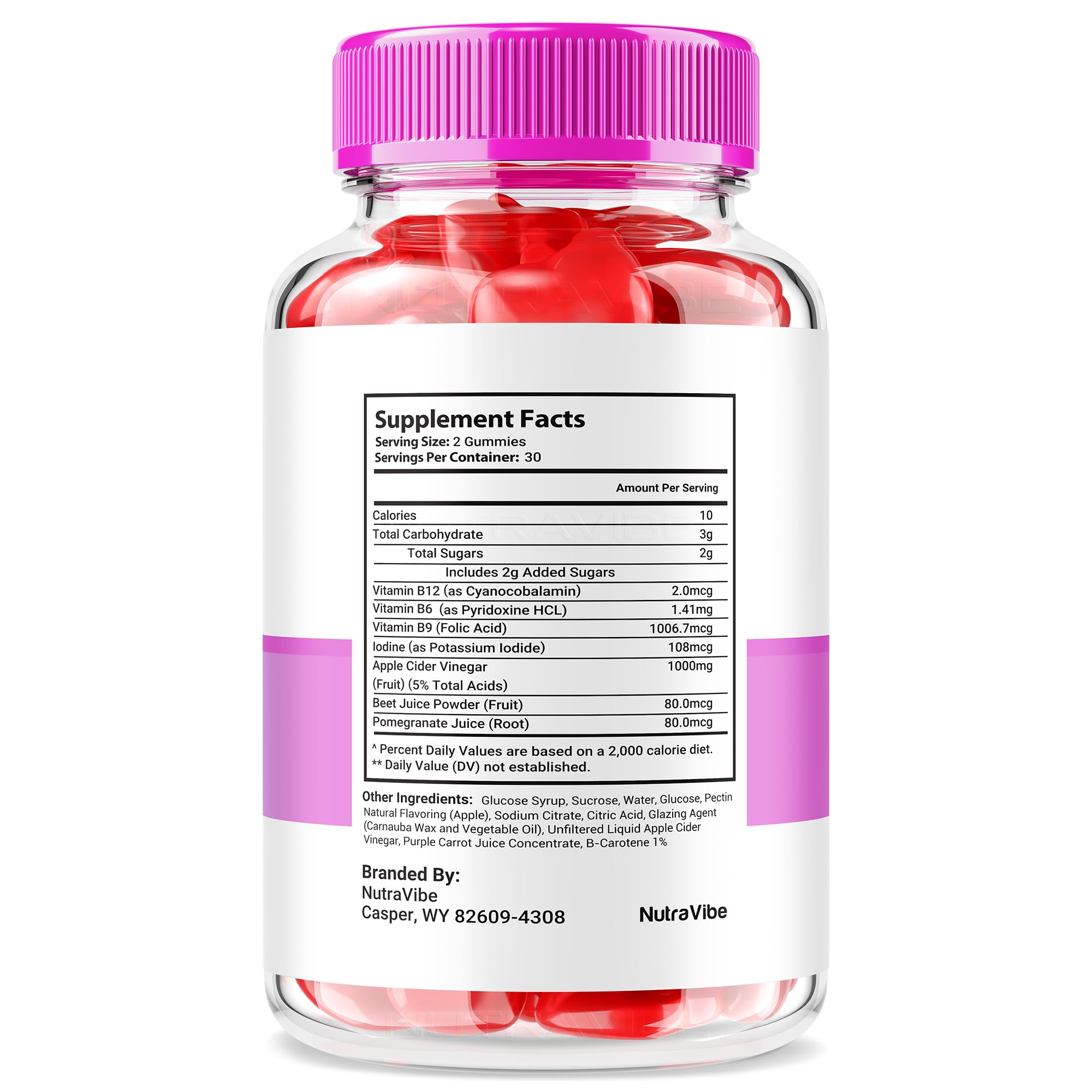 NutraVibe Revitalyn Gummies bottle side-label showcasing ingredients for daily routine.