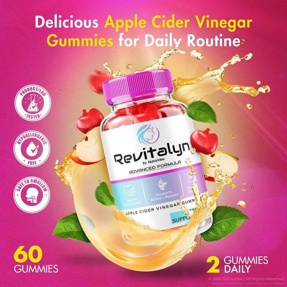 NutraVibe Revitalyn Gummies closeup texture shows chewable ACV experience.