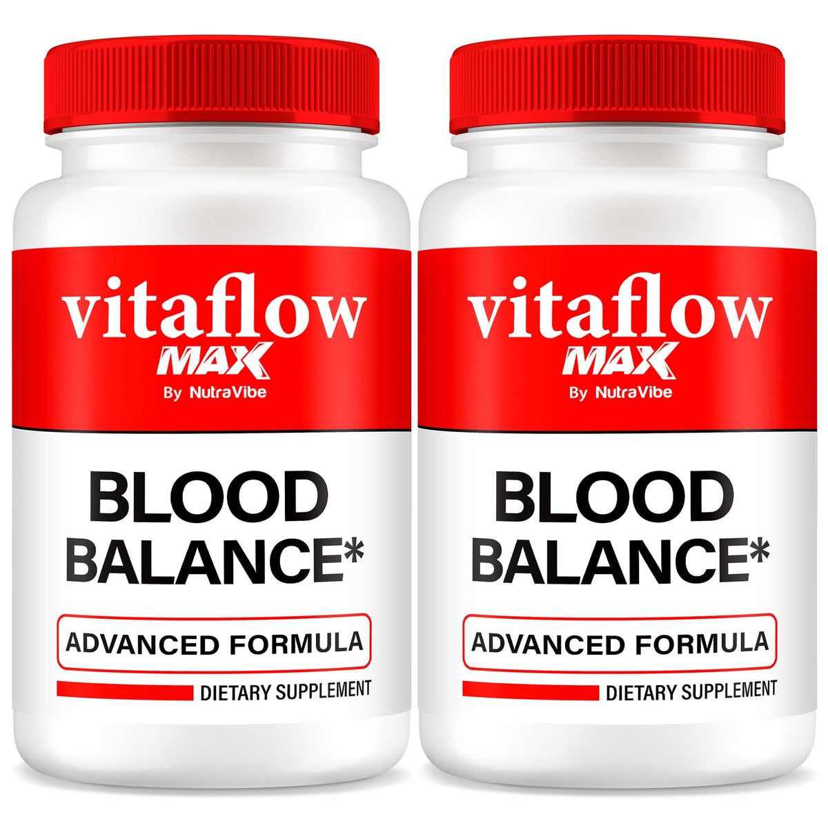 NutraVibe Vitaflow Max bottle front showing premium balance blend for daily use