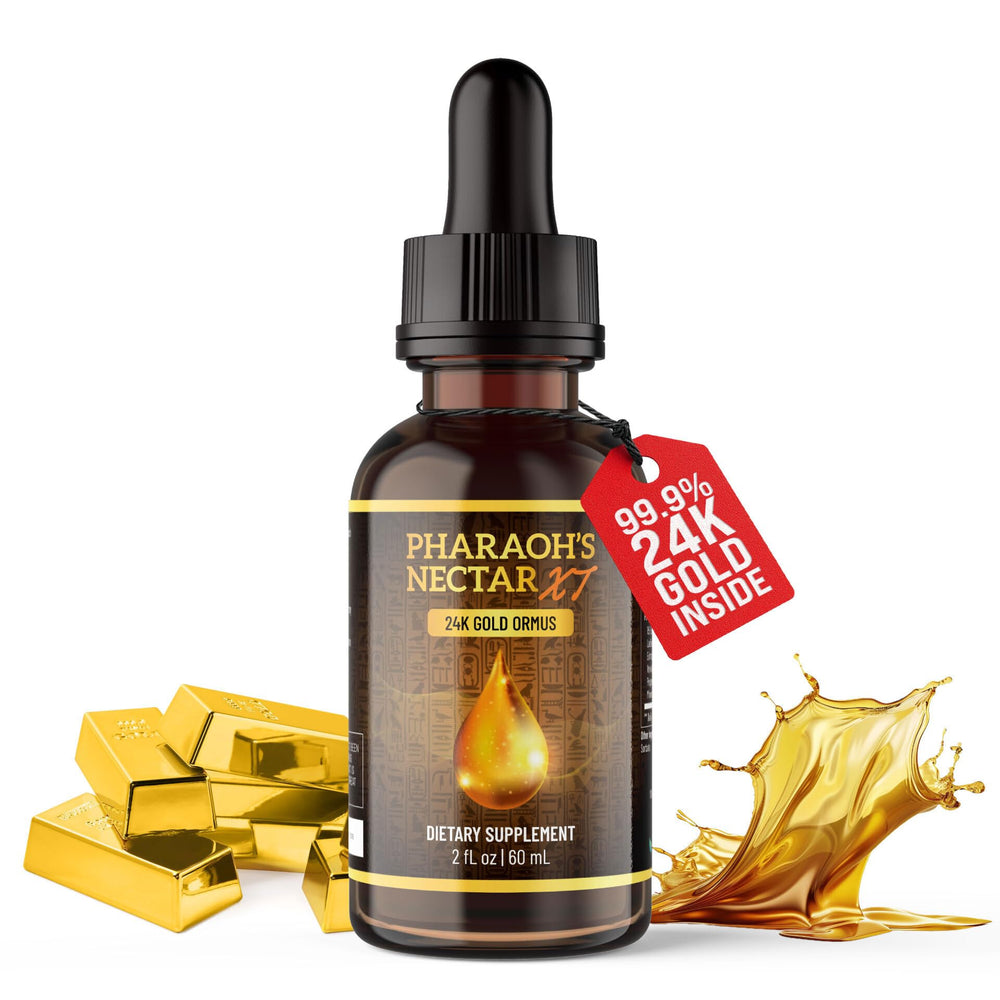 Nutraville Pharaoh’s Nectar XT bottle close-up highlighting premium 24K ormus gold.