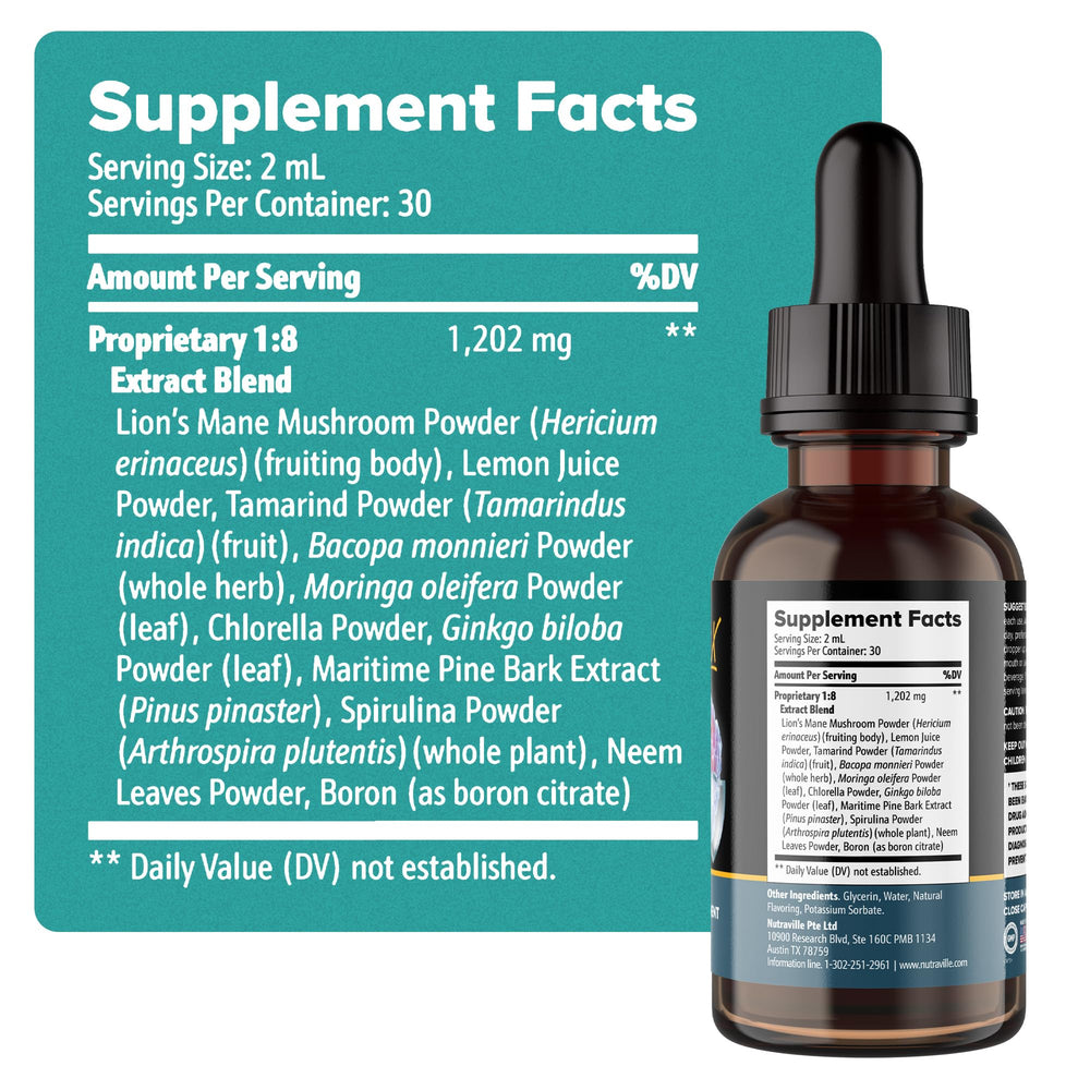 Nutraville Pineal Guardian X drops closeup emphasizing precise dosing for brain health.