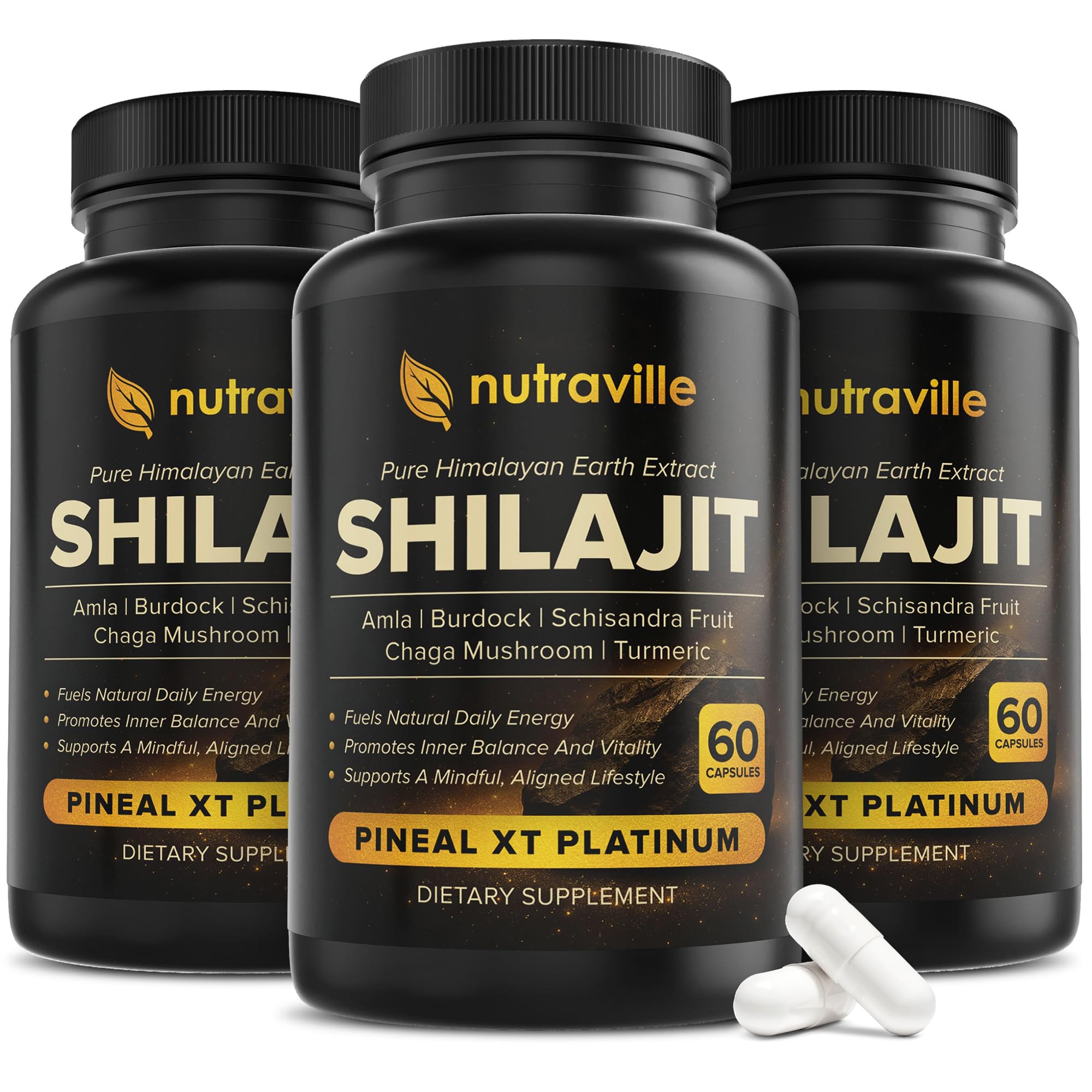 Nutraville Pineal XT Platinum bottle front showing premium packaging for energy support.