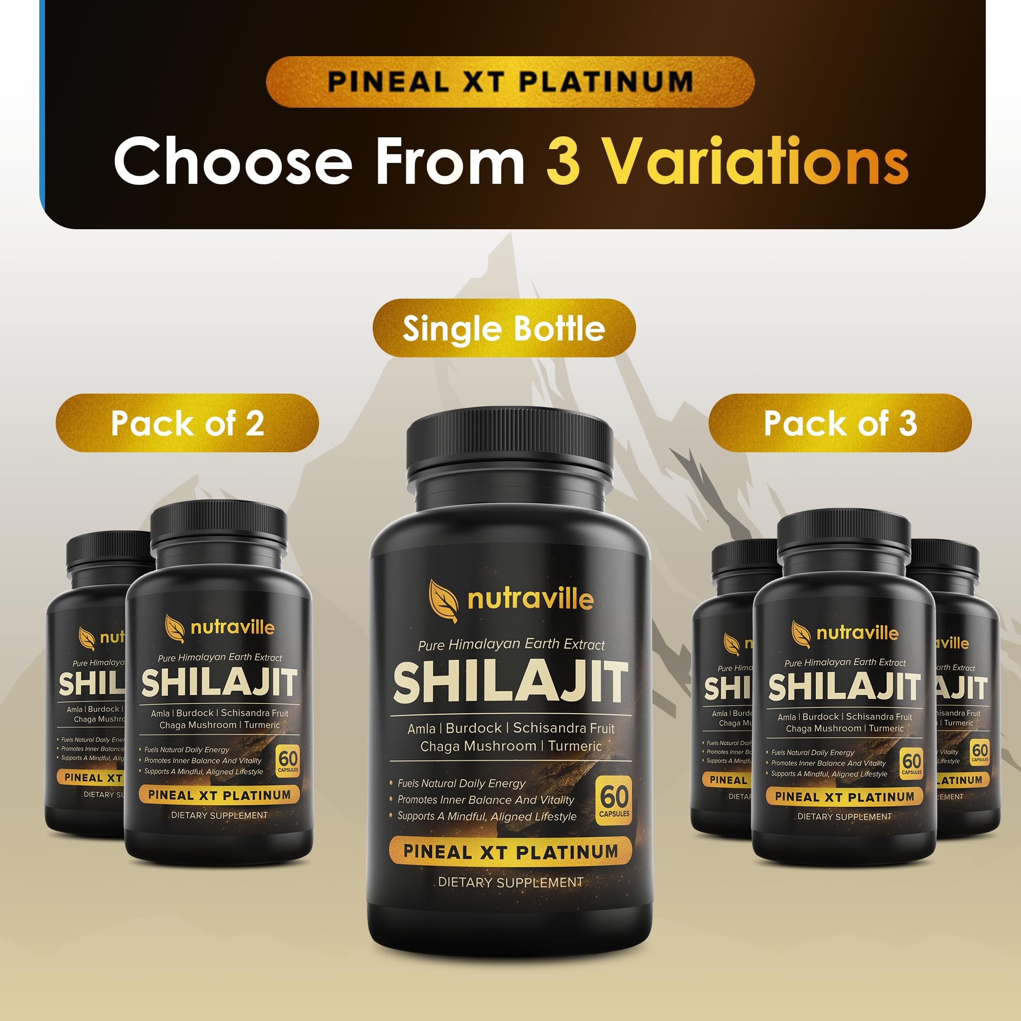 Nutraville Pineal XT Platinum vegan and non-GMO icon on packaging.