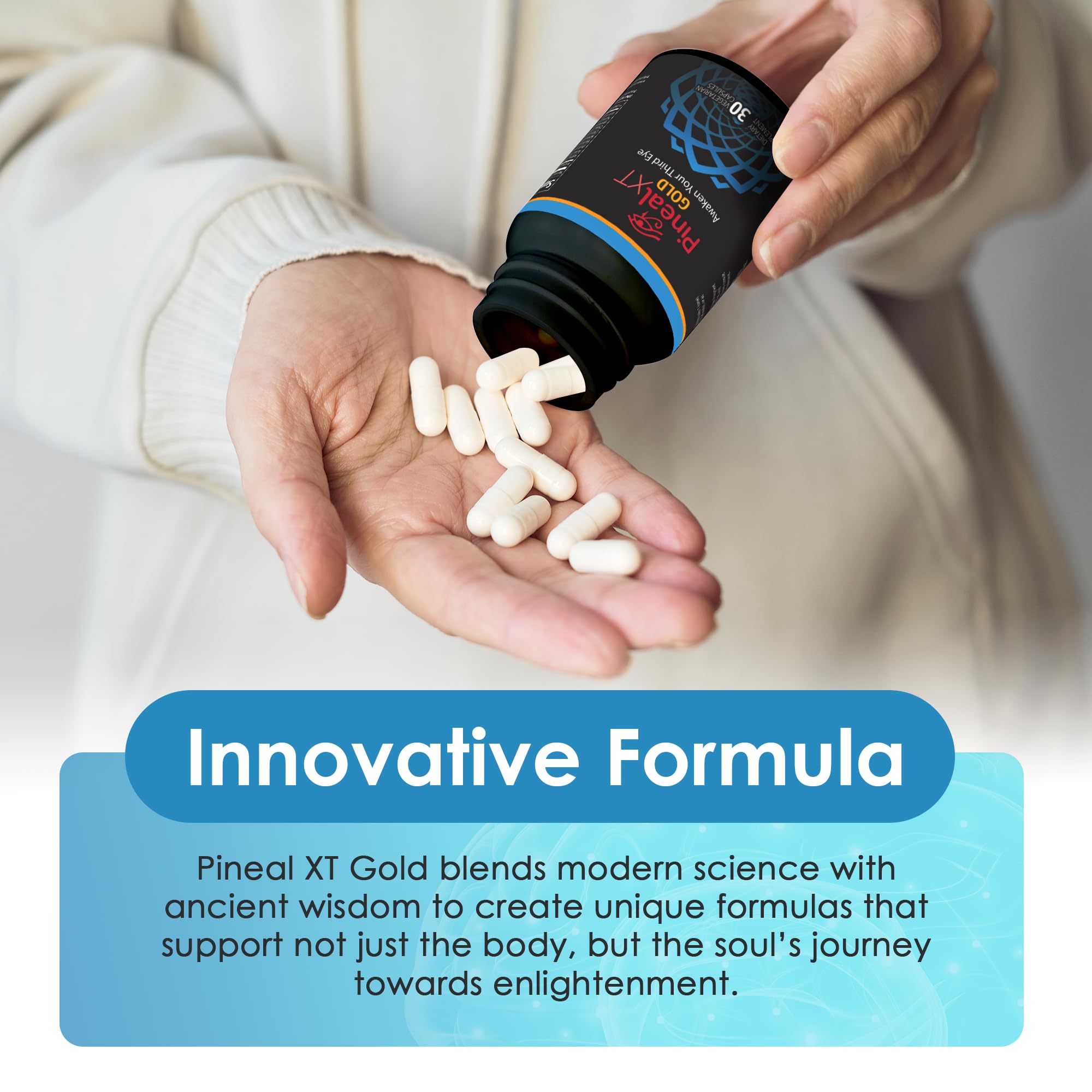 Nutraville Pineal XT Gold bottle beside a glass of water for dosing
