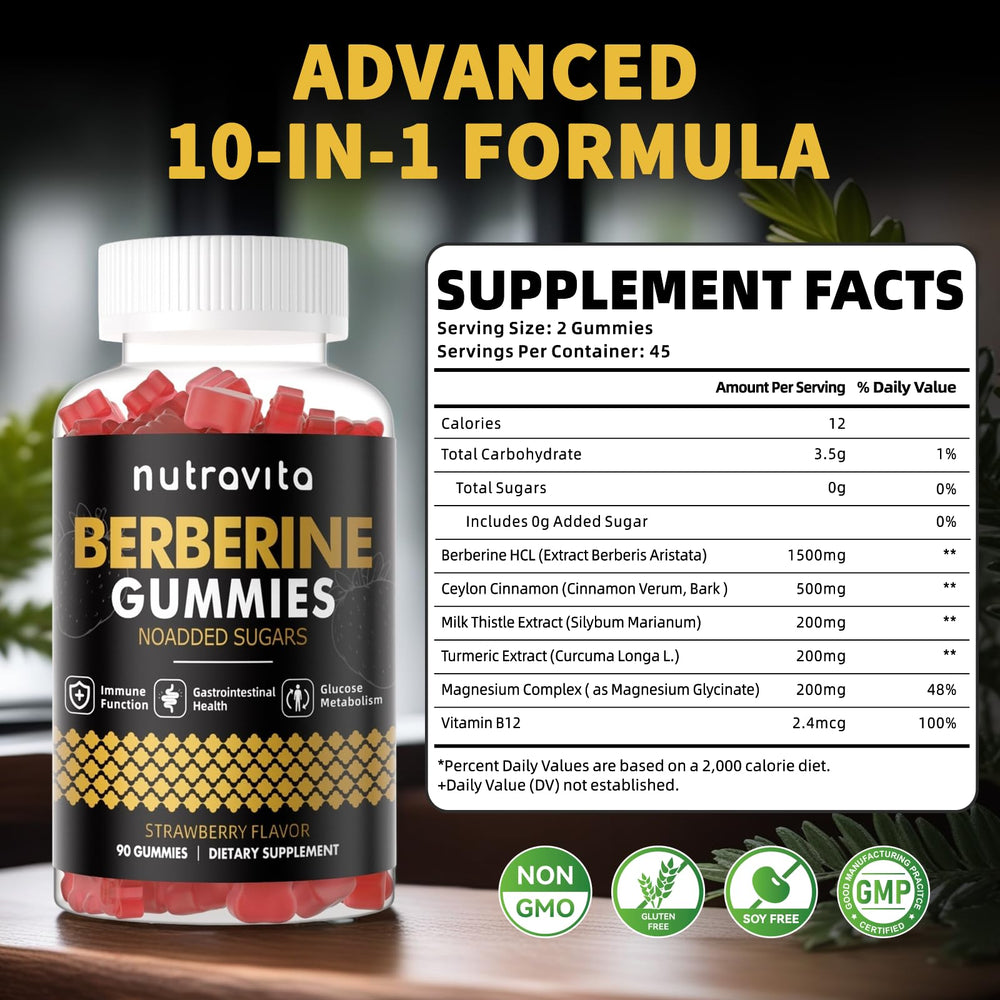 Nutravita Berberine Gummies cinnamon aroma package emphasizing sugar-free formula.