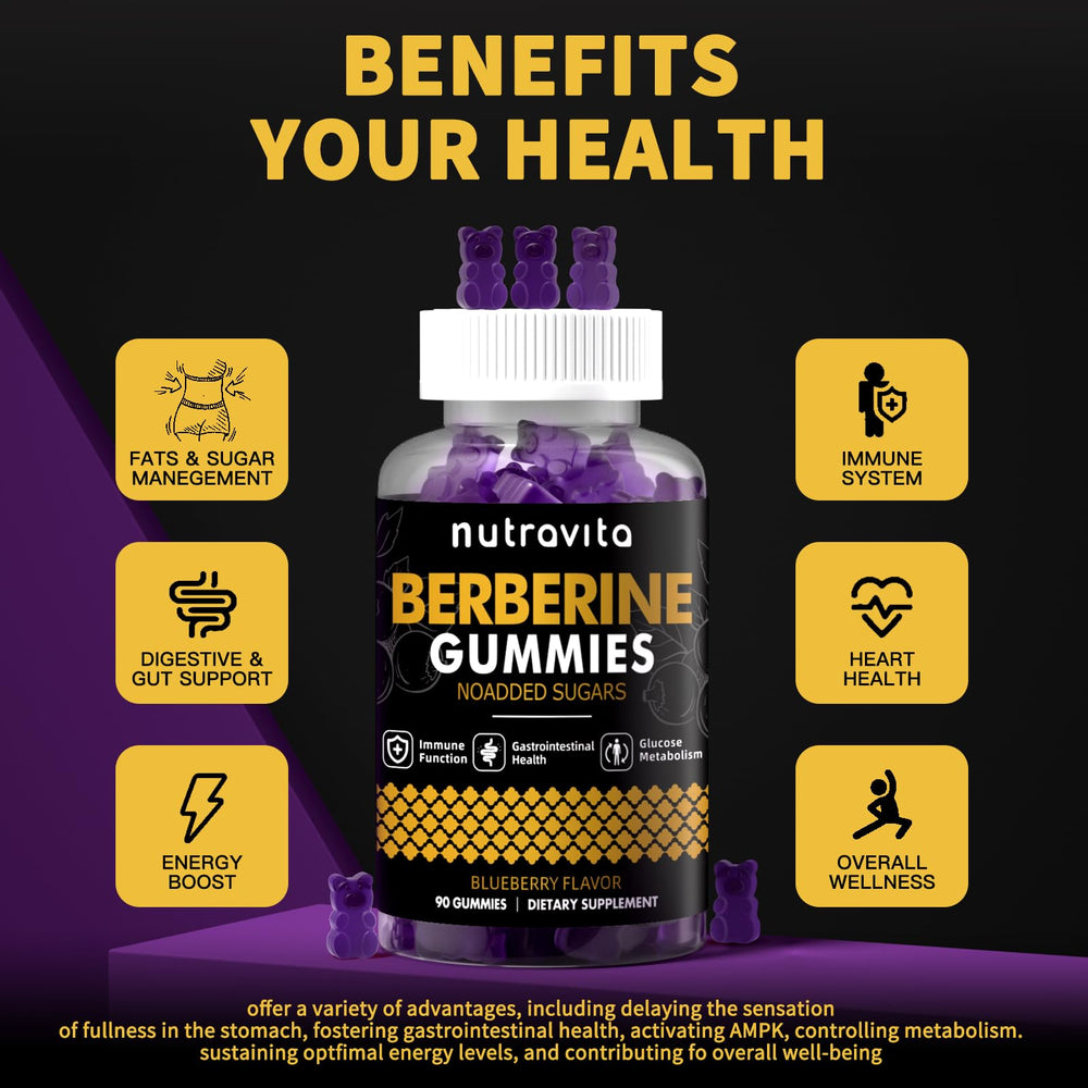 Packaging shows cinnamon note and flavor variety for Nutravita Berberine Gummies.