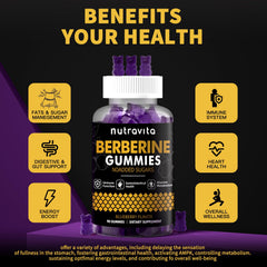 Packaging shows cinnamon note and flavor variety for Nutravita Berberine Gummies.