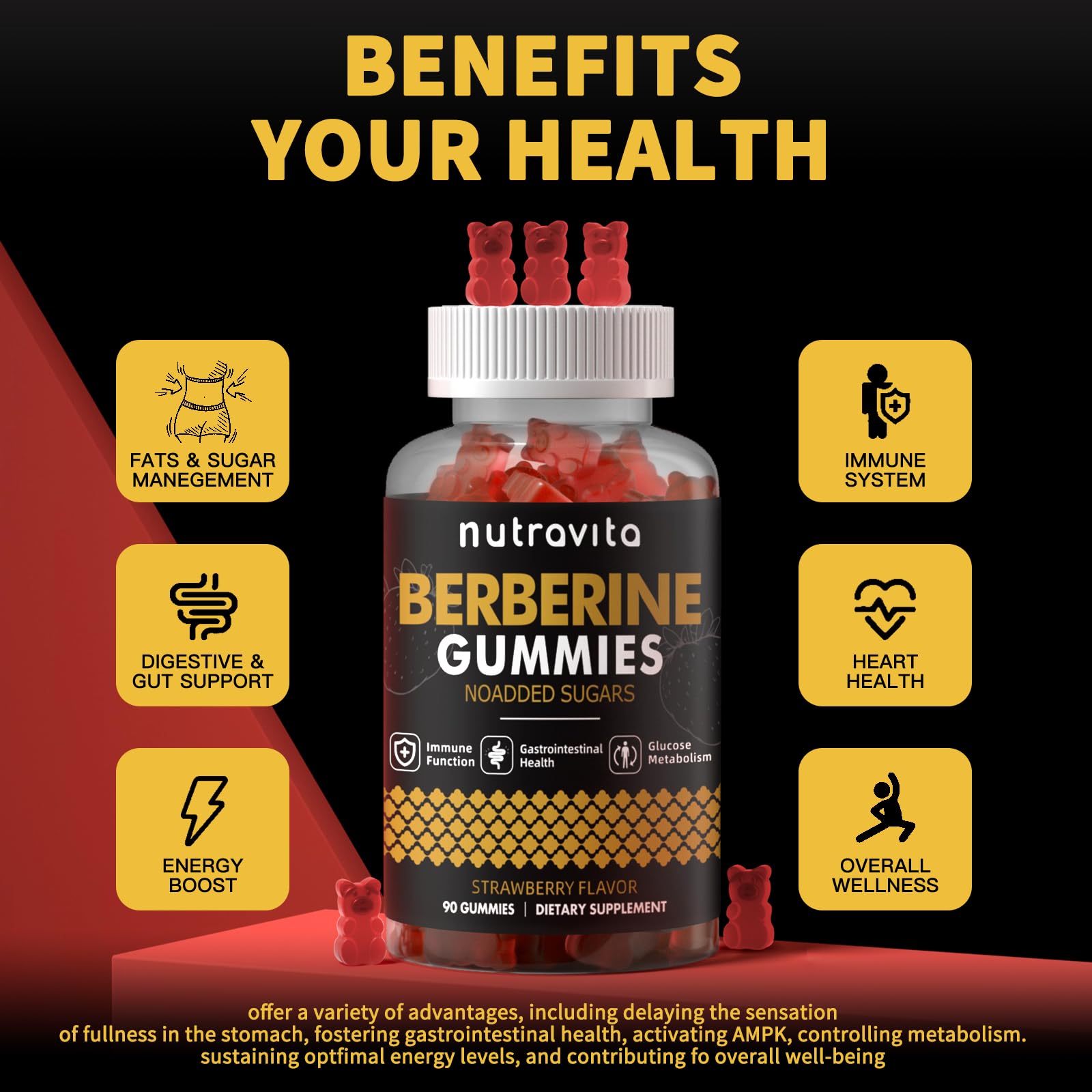 Nutravita Berberine Gummies closeup showing gummy texture and flavor.