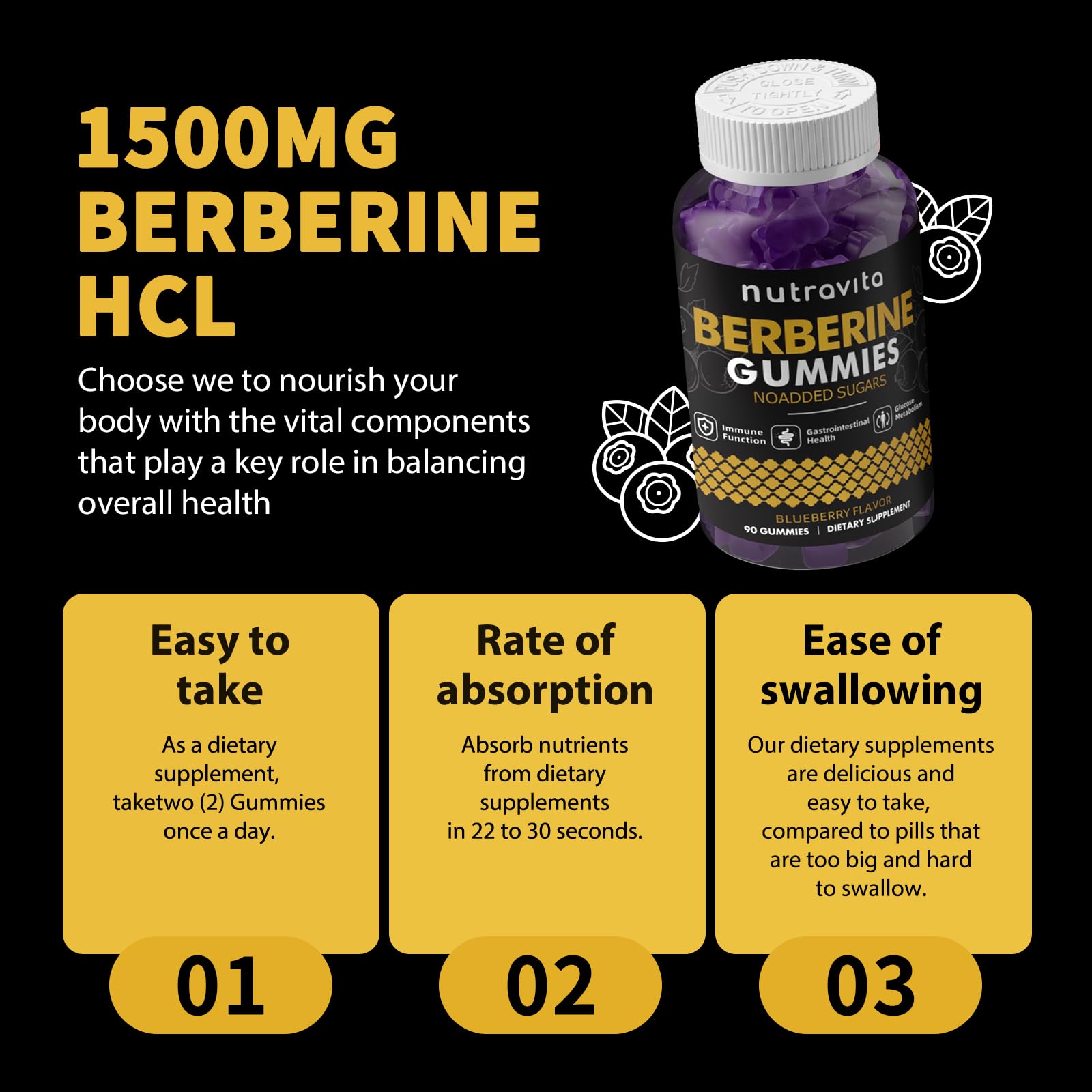 Close-up of Nutravita Berberine Gummies label highlighting sugar-free formula.