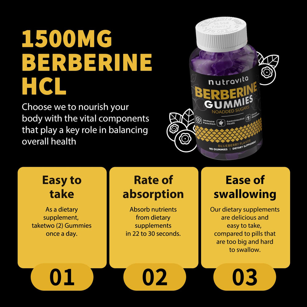 Close-up of Nutravita Berberine Gummies label highlighting sugar-free formula.