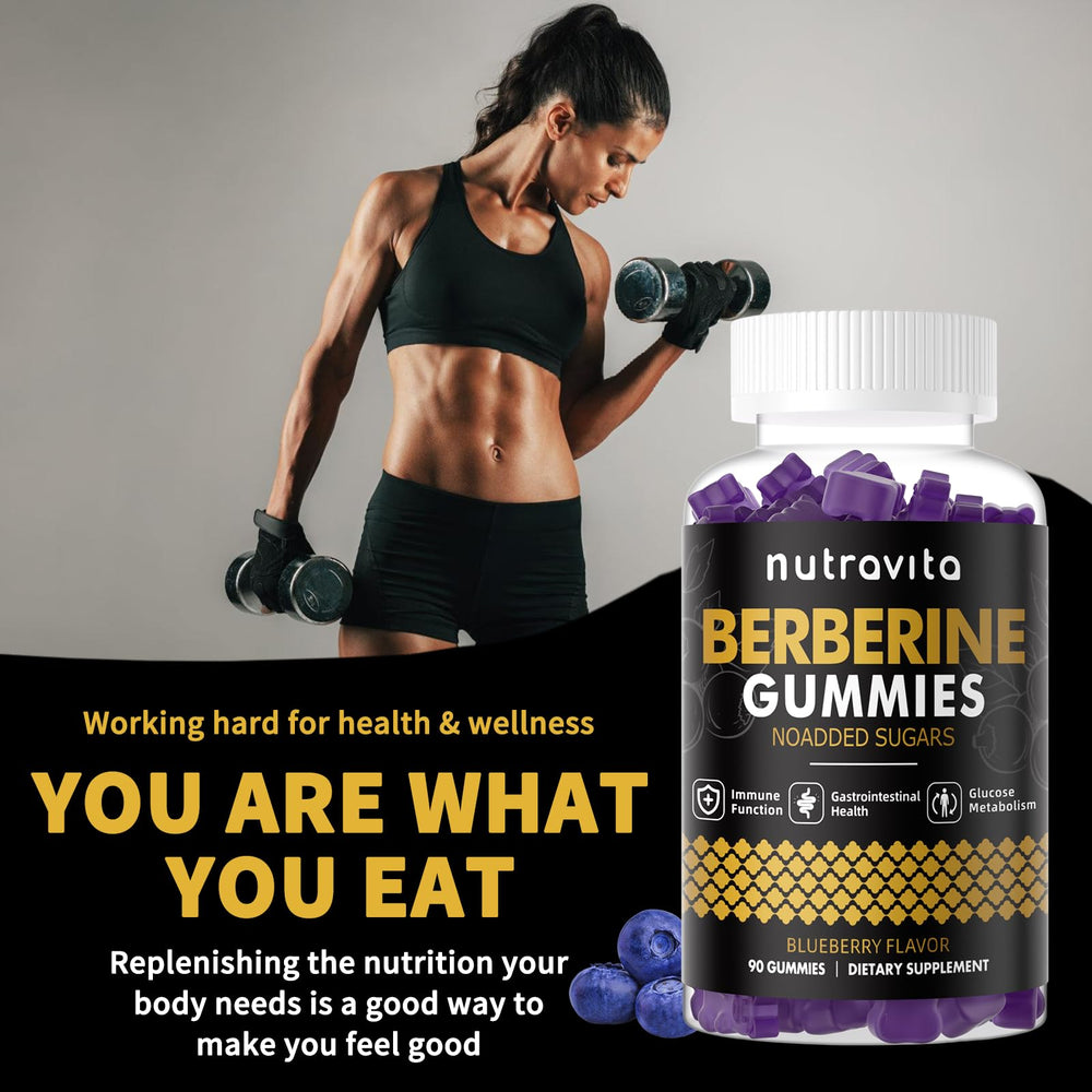 Organic certification icons on Nutravita Berberine Gummies packaging.