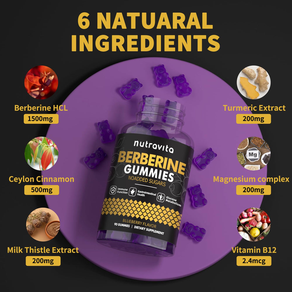 Serving plate shows Nutravita Berberine Gummies as a daily routine snack.
