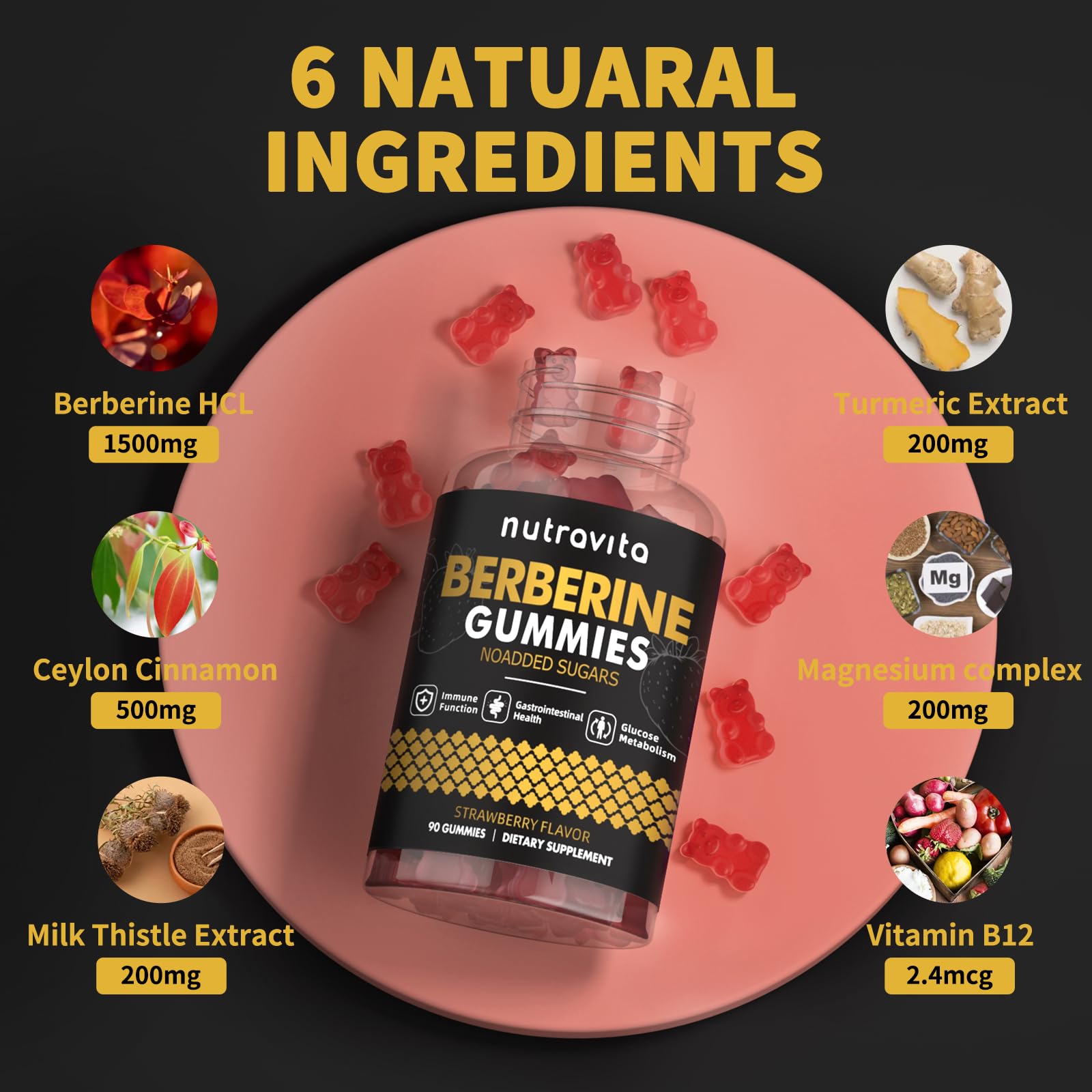 Nutravita Berberine Gummies serving suggestion on a kitchen counter.