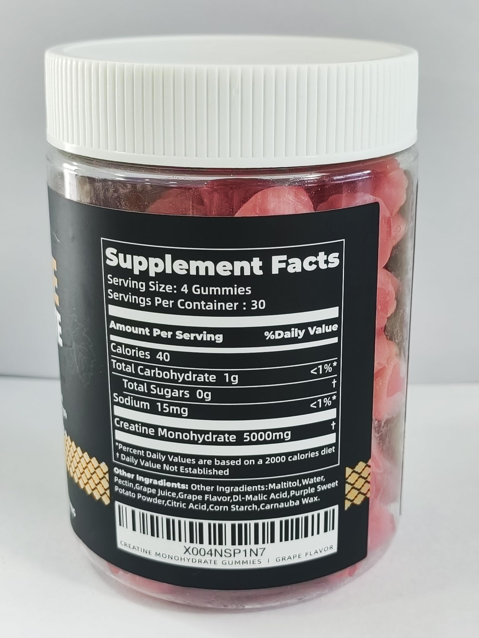 Closeup of Nutravita Creatine Gummies highlights grape flavor for tasty supplementation.