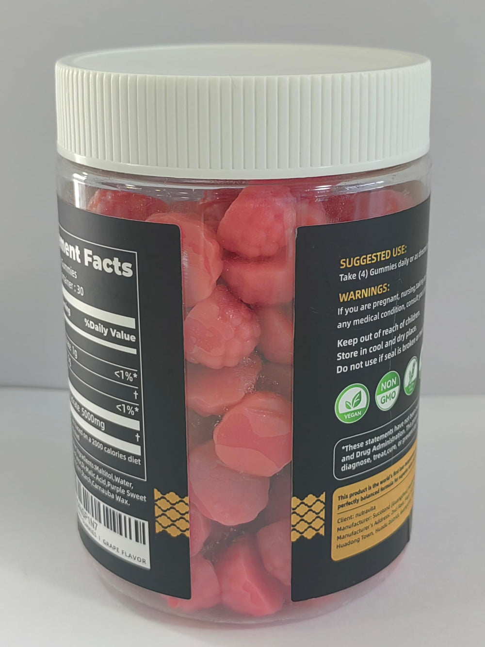 Grape-flavor package image conveys pleasant taste during training.