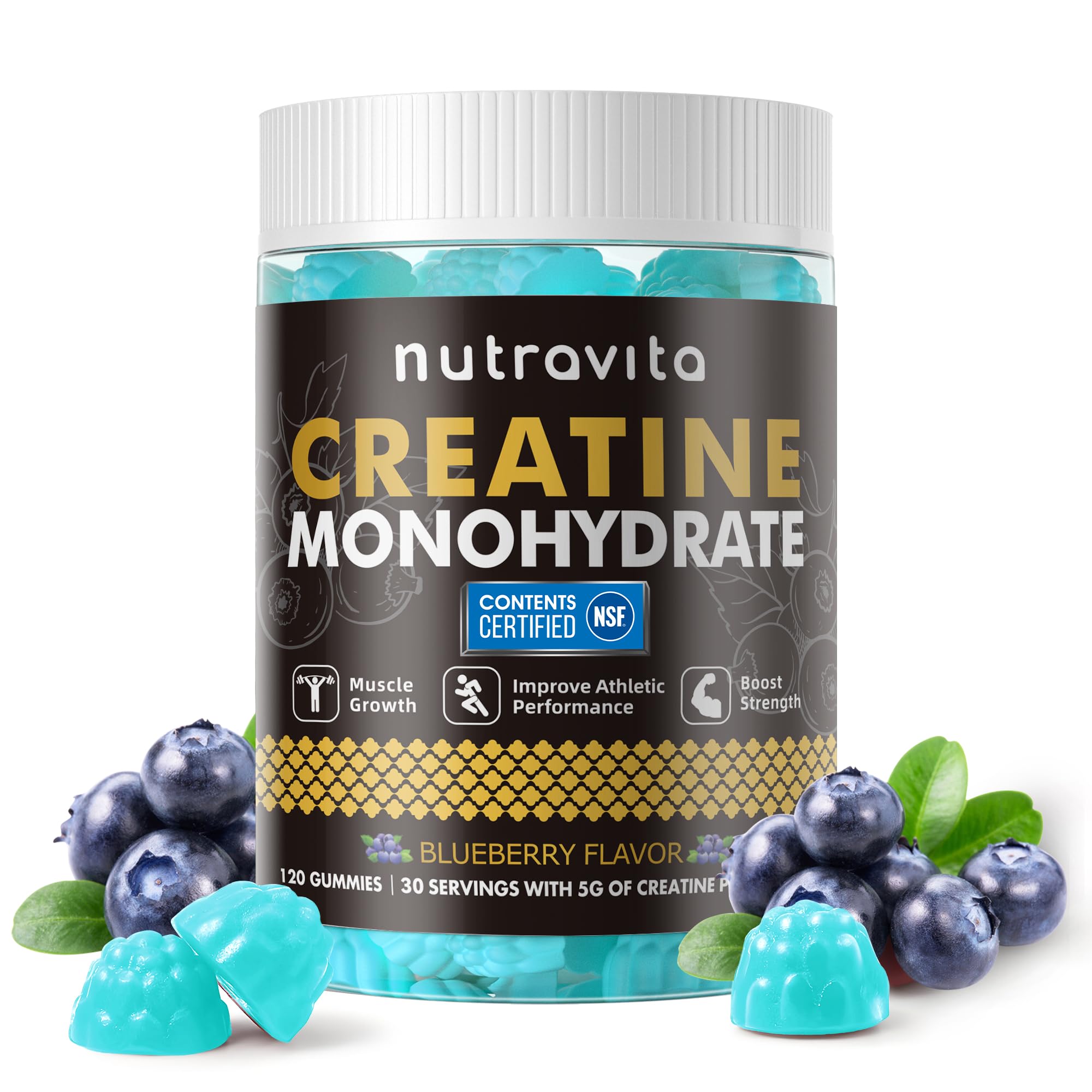 Nutravita creatine gummy blueberry bottle ready for daily workouts.