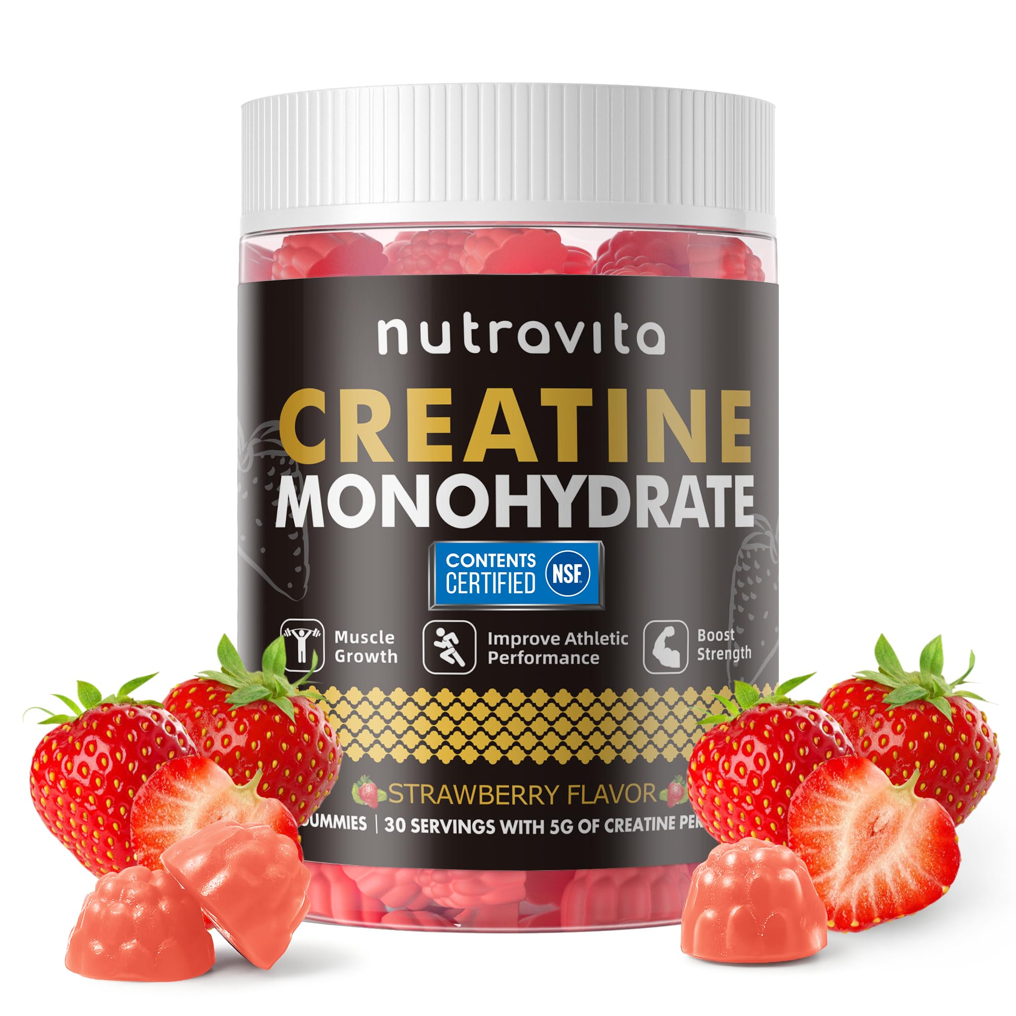 Nutravita Creatine Gummy bottle front with strawberry flavor for daily training support