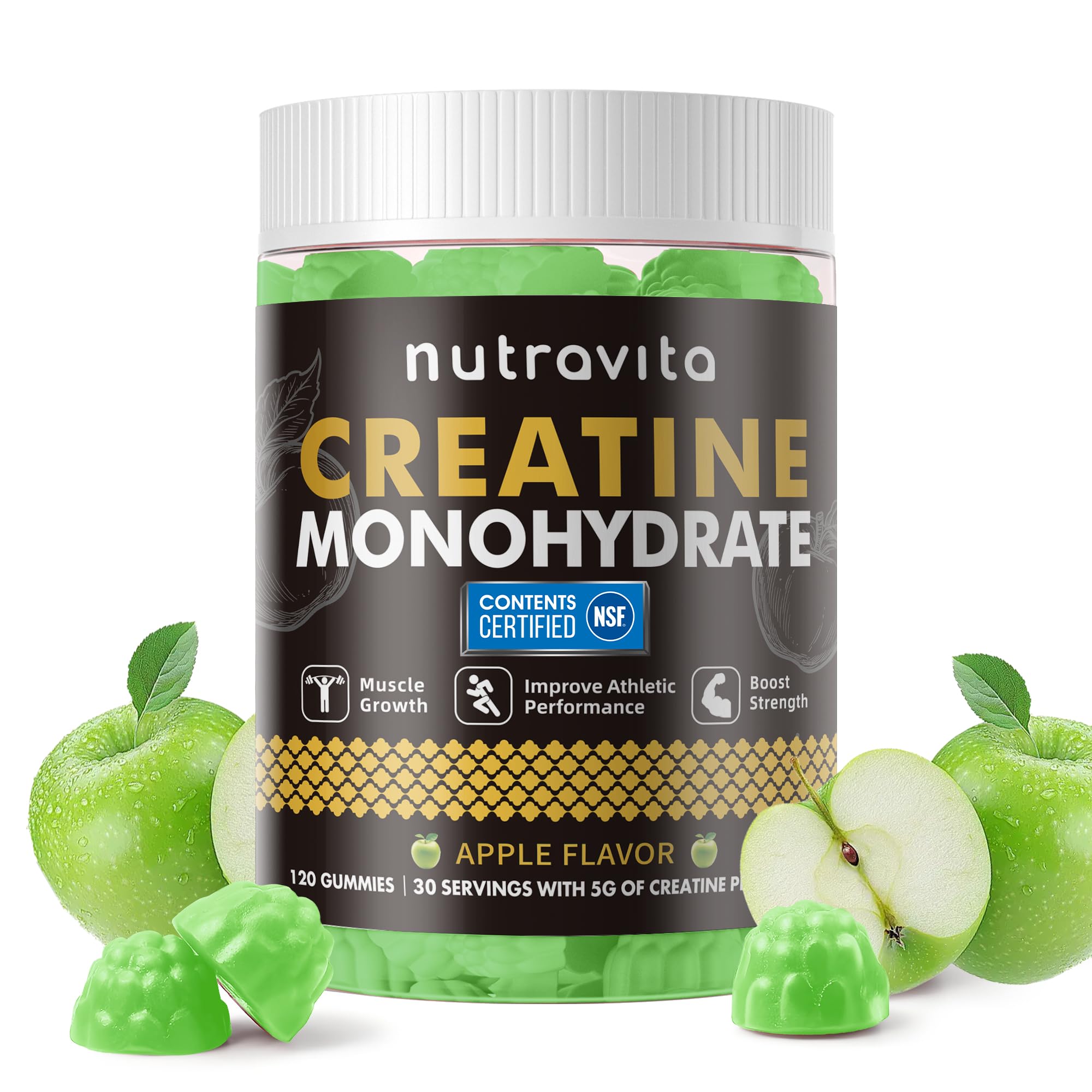 Nutravita Creatine Gummy bottle label shows 5g per serving and vegan formula.