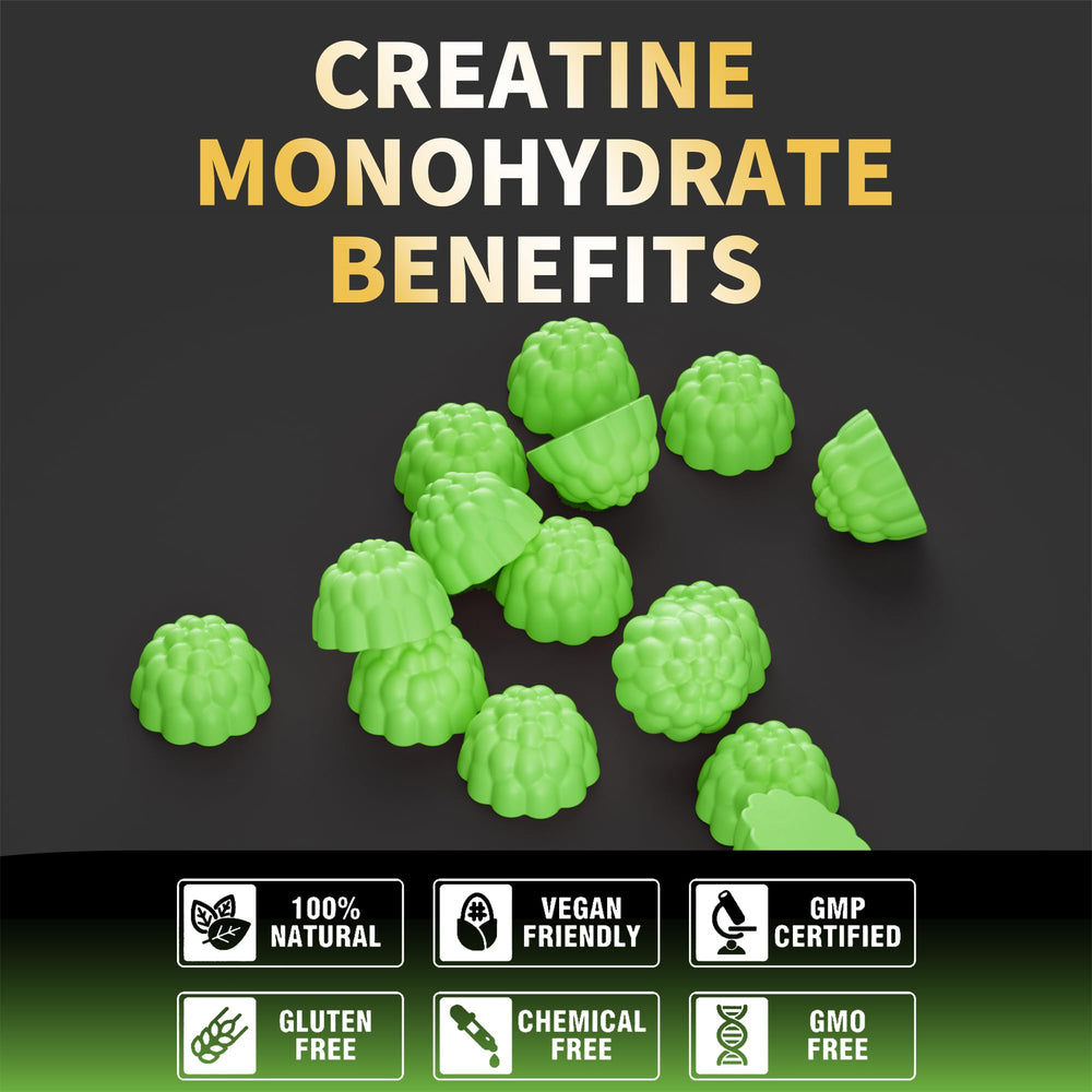 Nutravita Creatine Gummy ingredients panel showing vegan sugar-free formula.