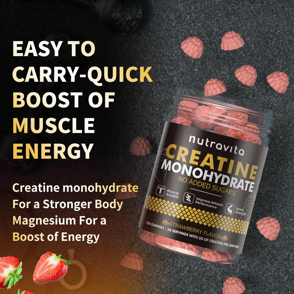 Nutravita Creatine Gummy on gym mat suggests workout friendly supplementation