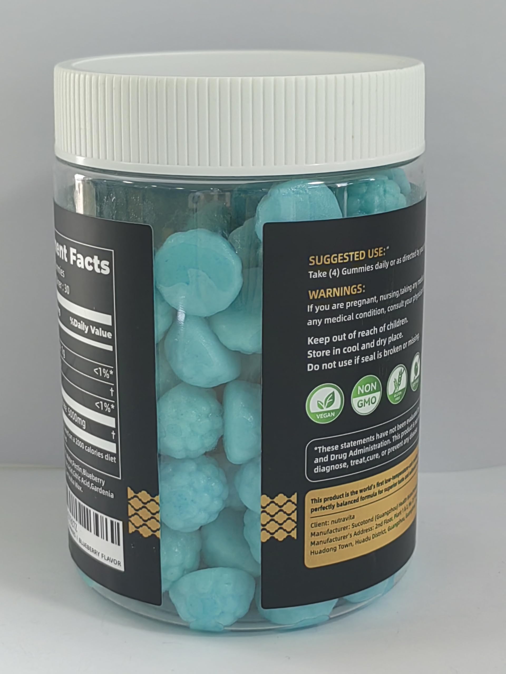 Front packaging of Nutravita creatine gummy highlights blueberry flavor.