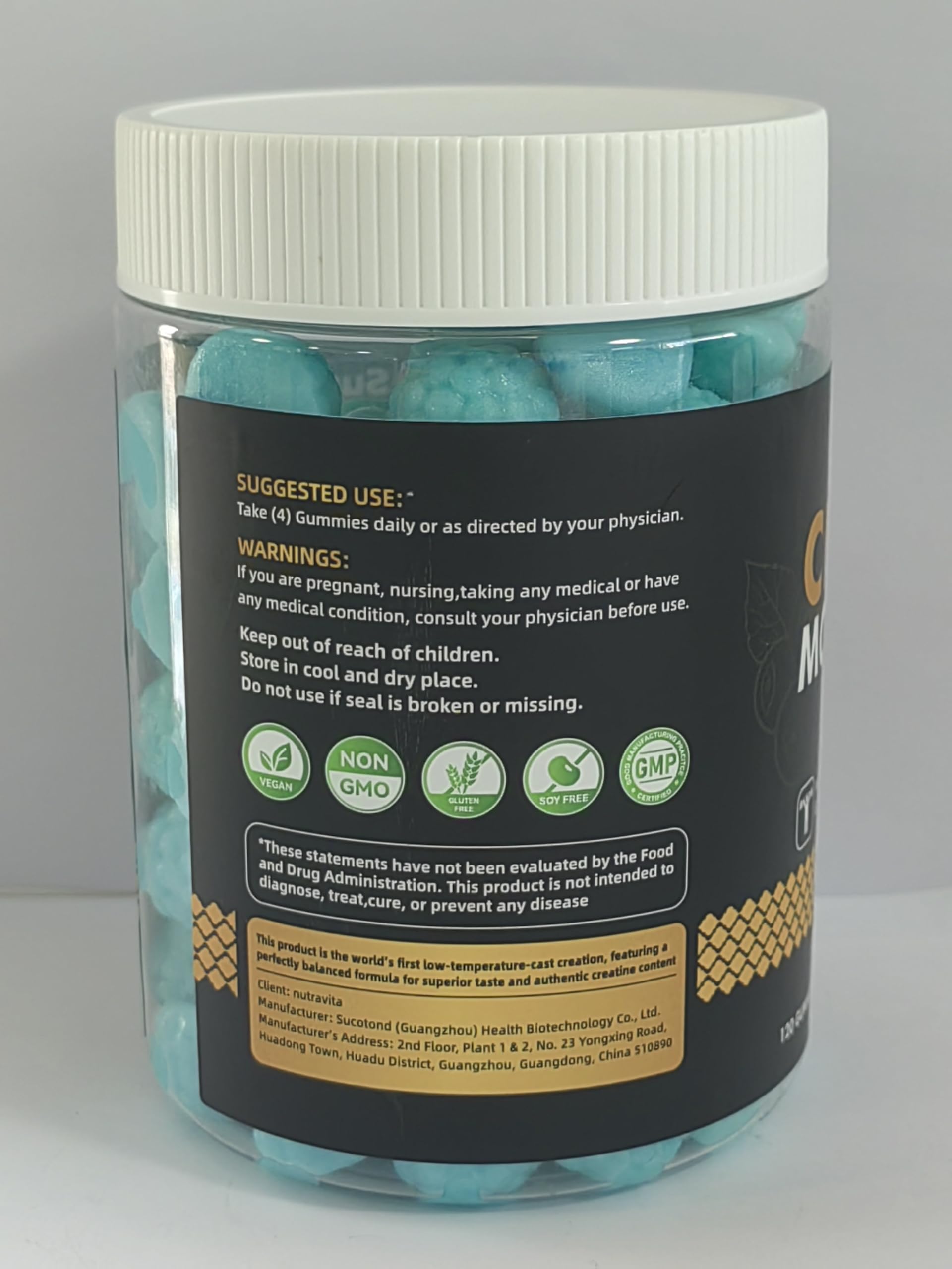 Serving illustration showing four gummies per serving for portion control.