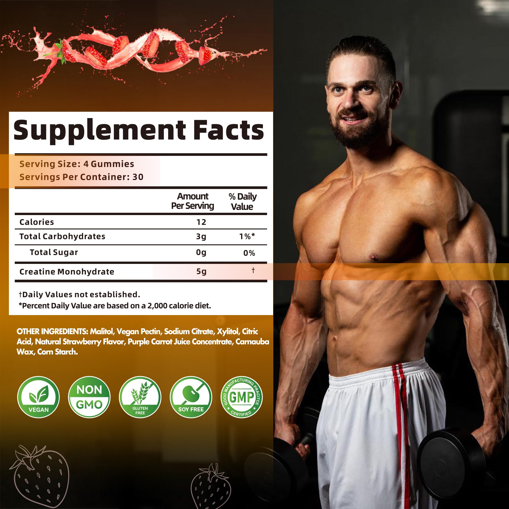 Nutravita Creatine Gummy serving closeup highlights four gummies per serving