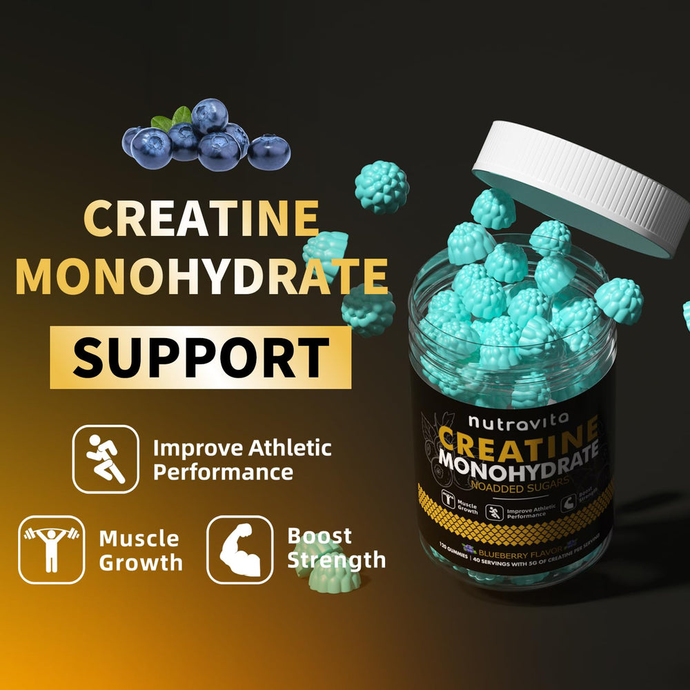 Sugar-free Nutravita creatine gummy seal indicating no added sugar.