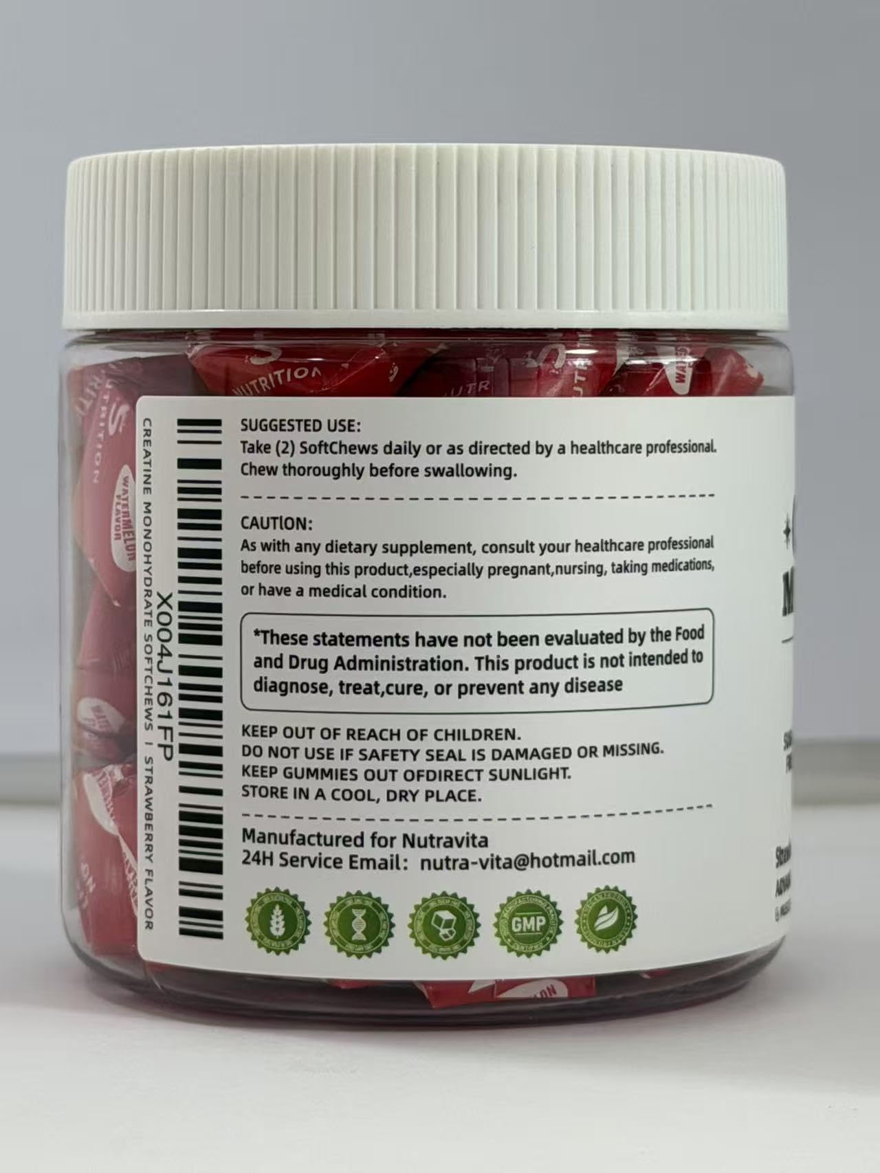 NUTRAVITA Creatine Monohydrate Chews bottle display emphasizing 60-count packaging.