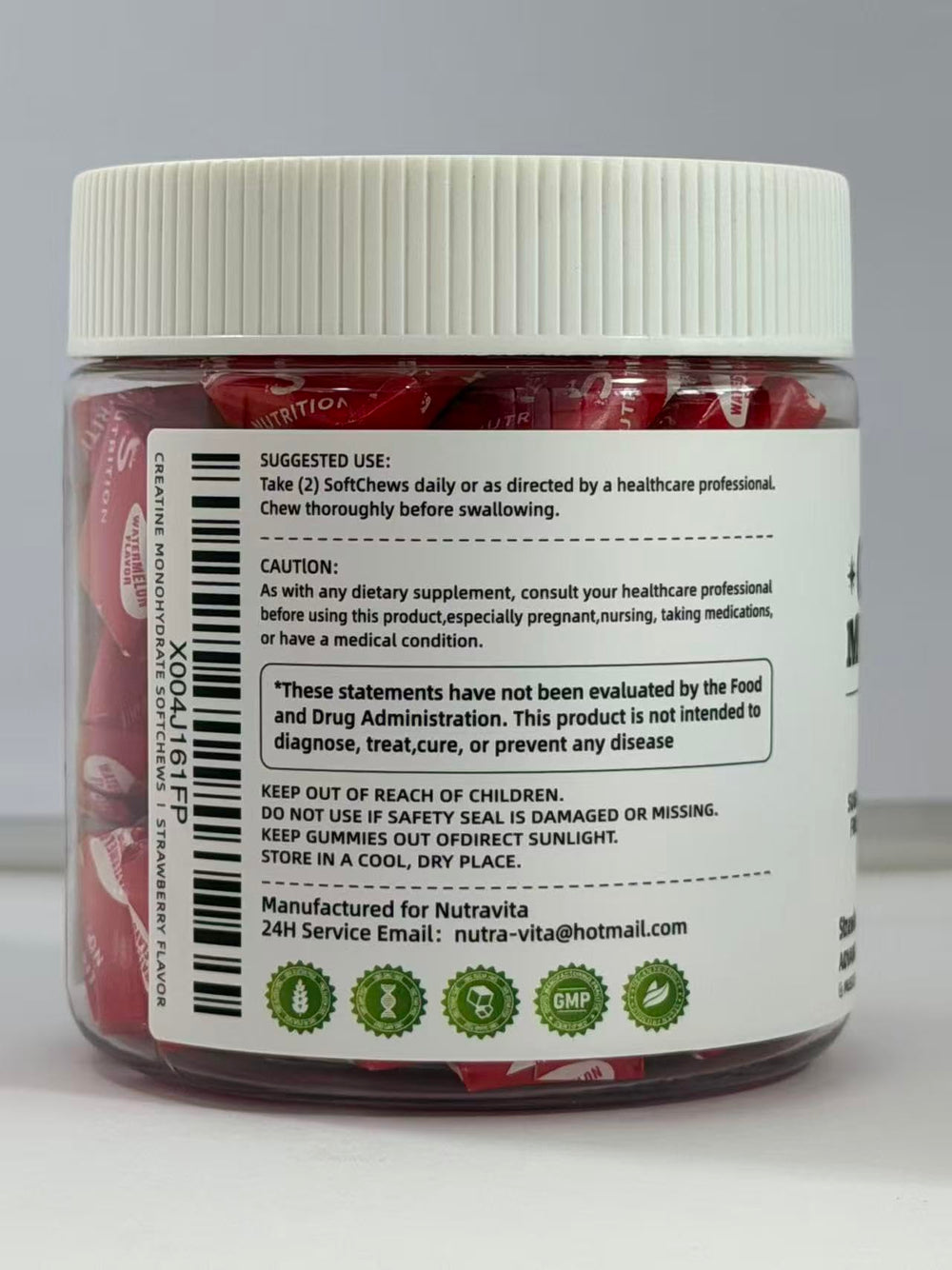 NUTRAVITA Creatine Monohydrate Chews bottle display emphasizing 60-count packaging.