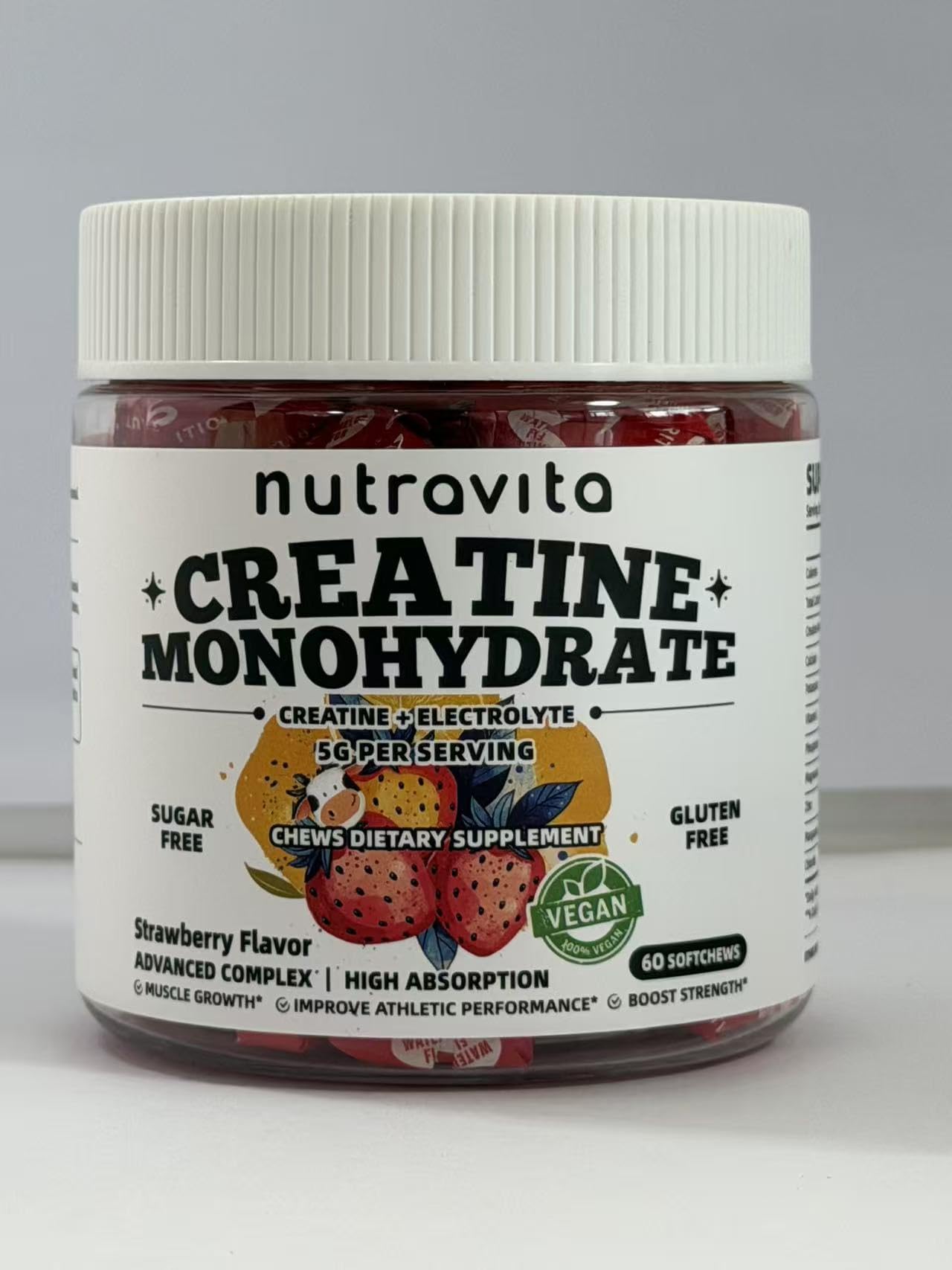 NUTRAVITA Creatine Monohydrate Chews strawberry gummies for on-the-go energy.