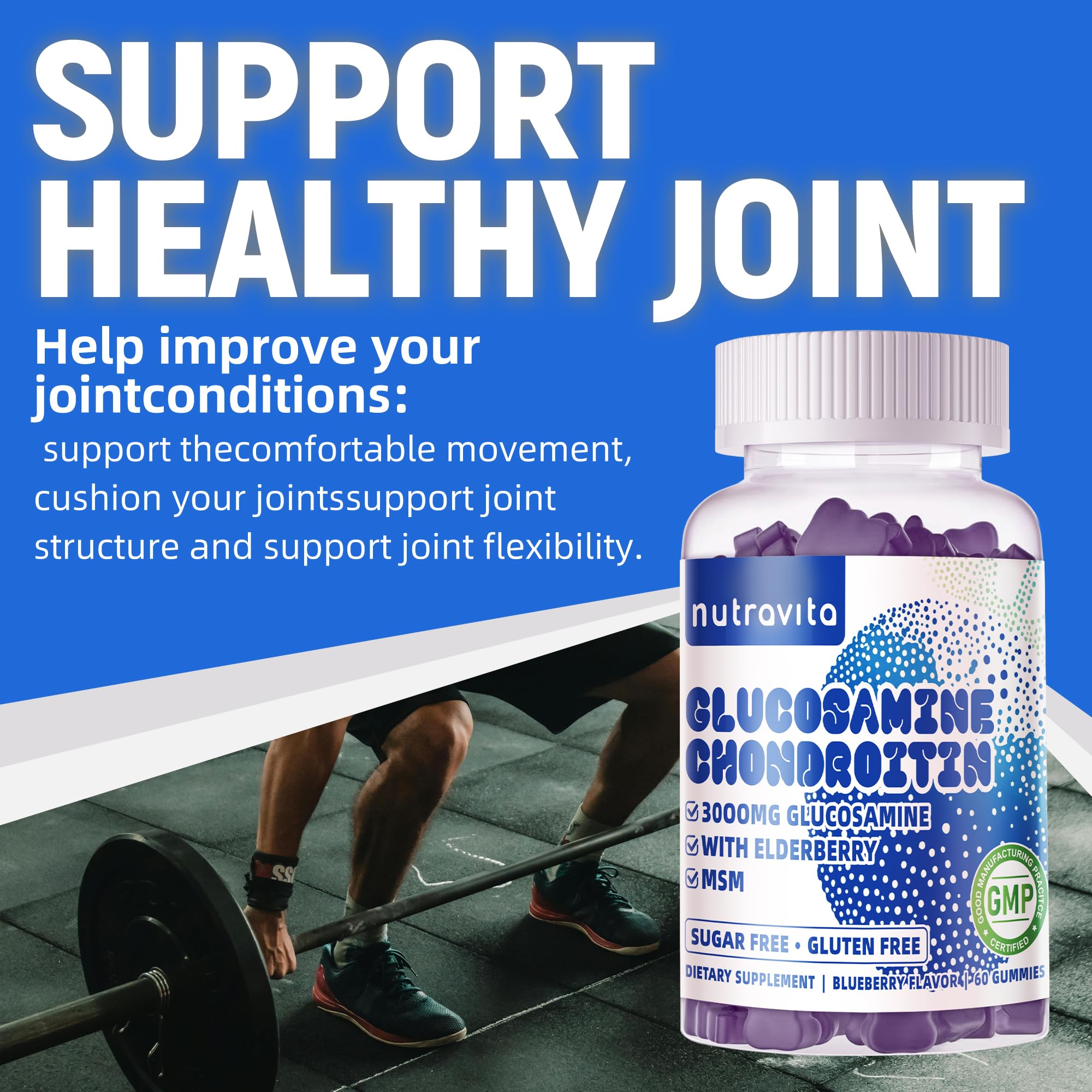 Nutravita ingredients close-up featuring glucosamine, chondroitin, MSM.