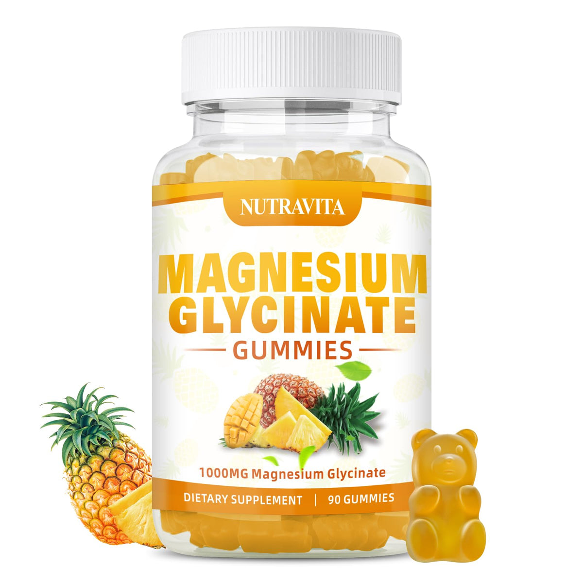 Nutravita Magnesium Glycinate Gummies bottle shows mango-pineapple format for daily calm.
