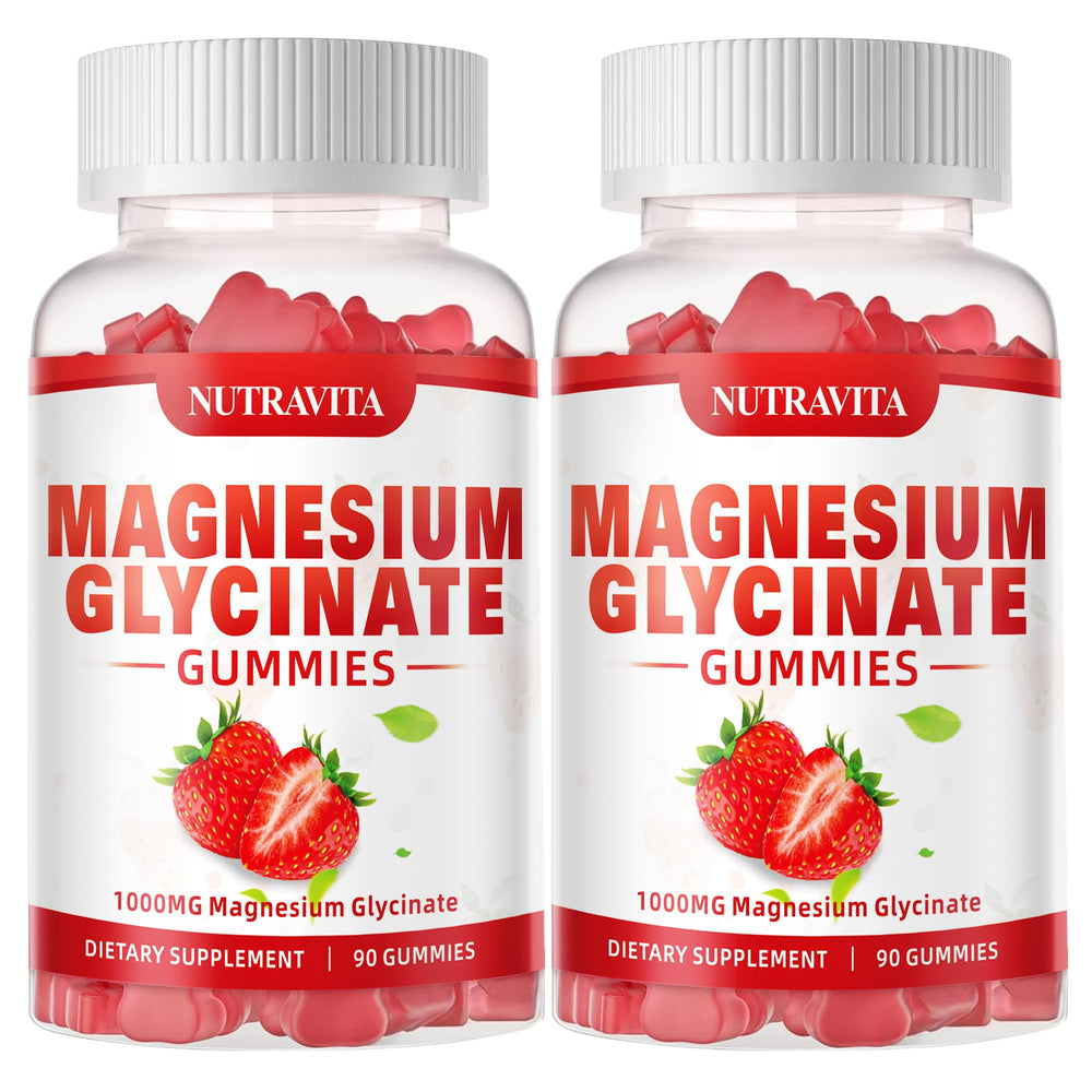 Nutravita Magnesium Glycinate Gummies bottle with strawberry flavor for daily calm.