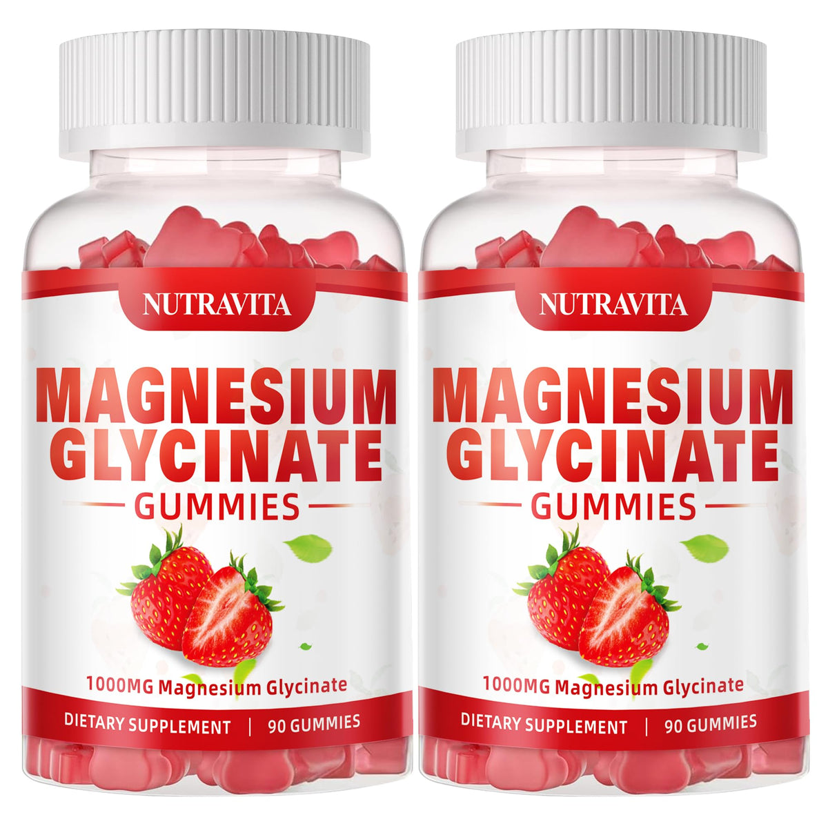 Nutravita Magnesium Glycinate Gummies bottle with strawberry flavor for daily calm.