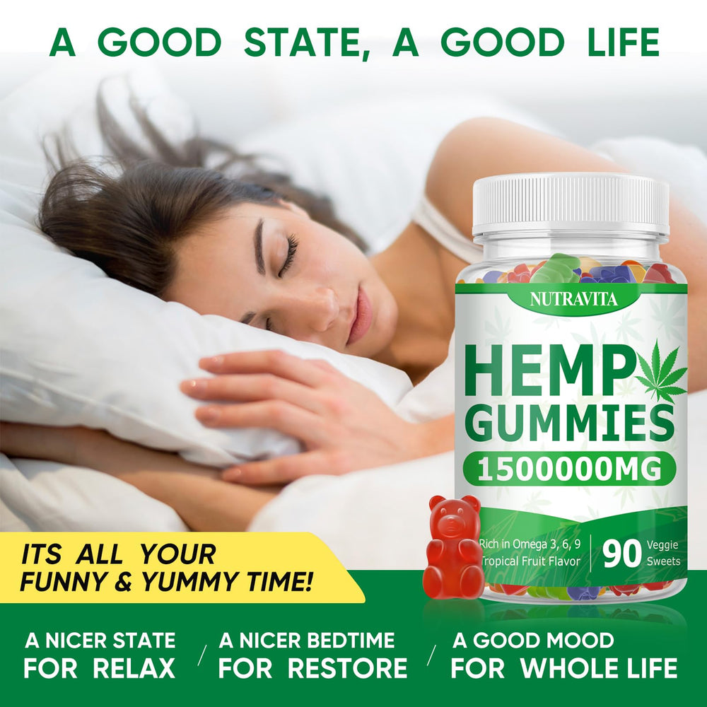 Nutravita Naturals Fruit Hemp Gummies bottle beside glass for relaxed moments.